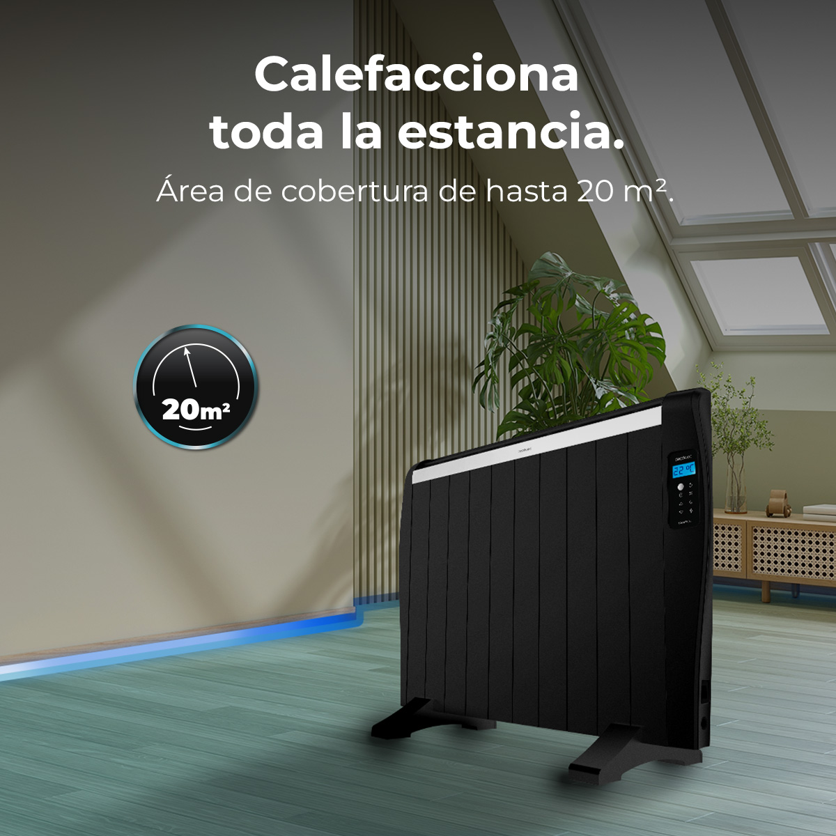 Riscaldatore elettrico nero con display digitale, copre fino a 20m².