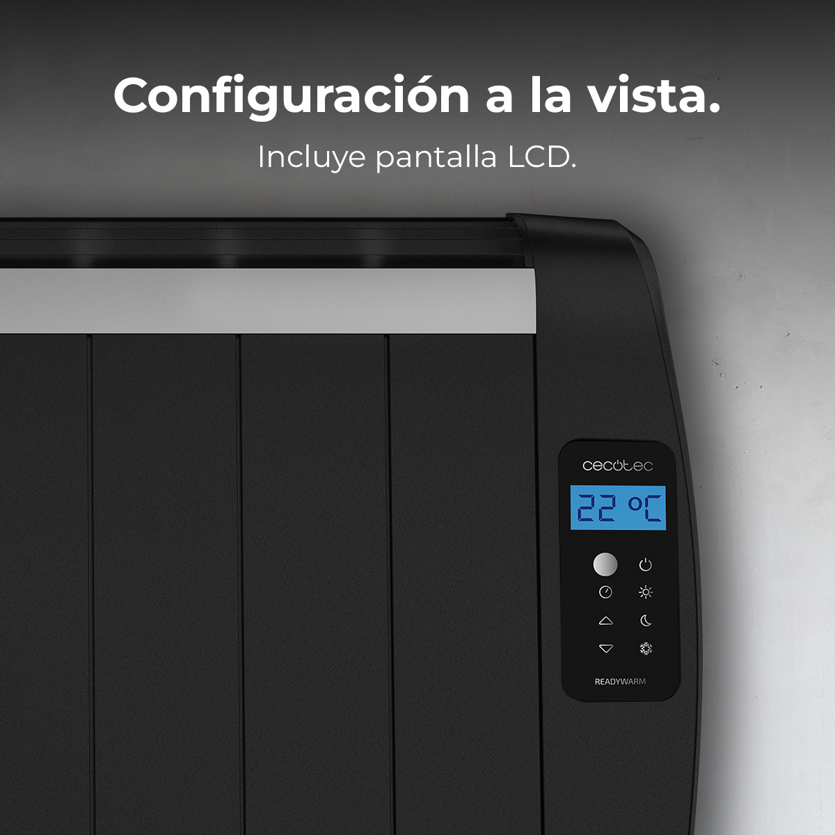 Termoventilatore nero con schermo LCD che mostra 22°C e pulsanti.