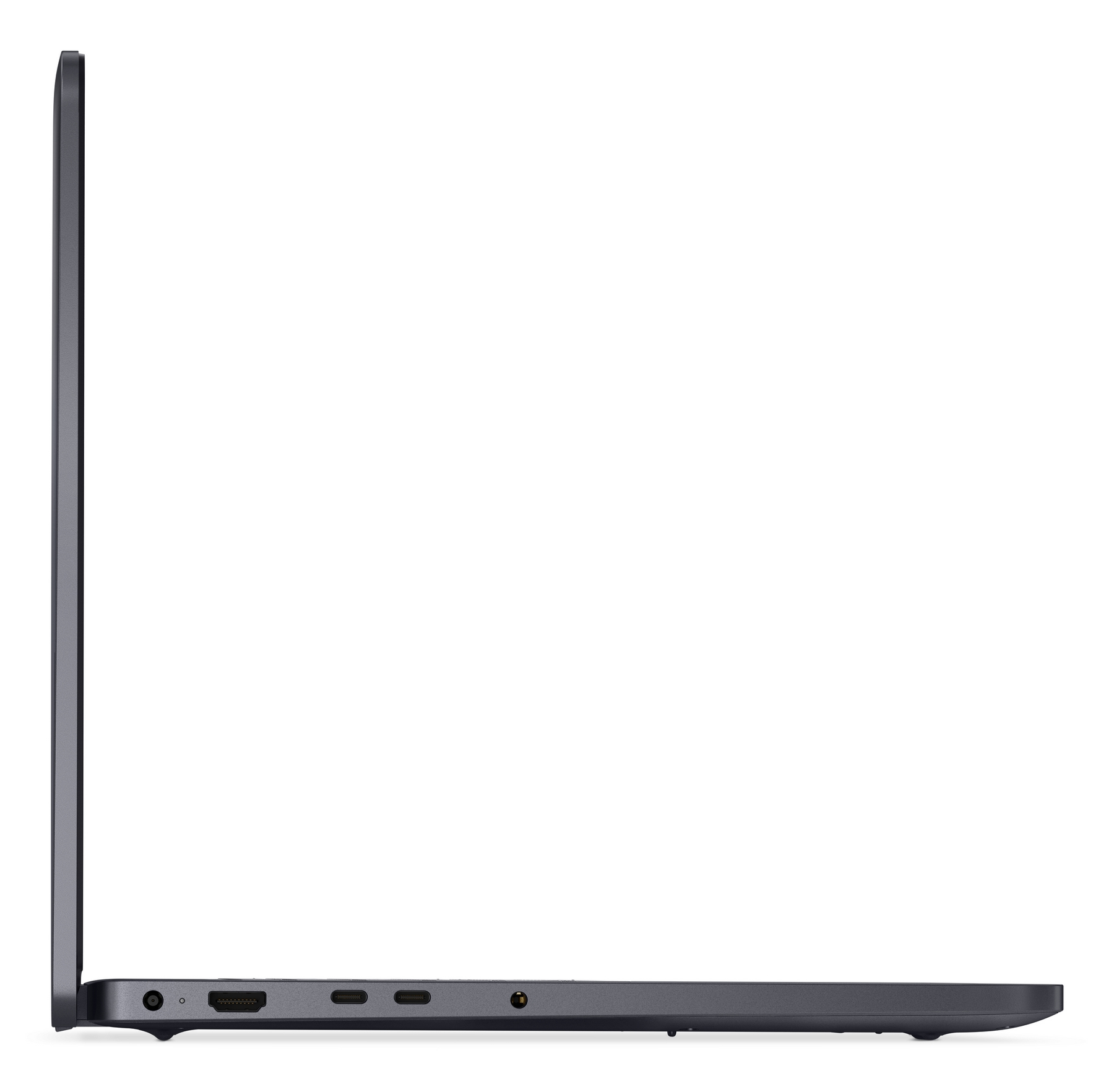 Vista laterale di un laptop grigio scuro che mostra le porte: HDMI, USB-C e jack audio.