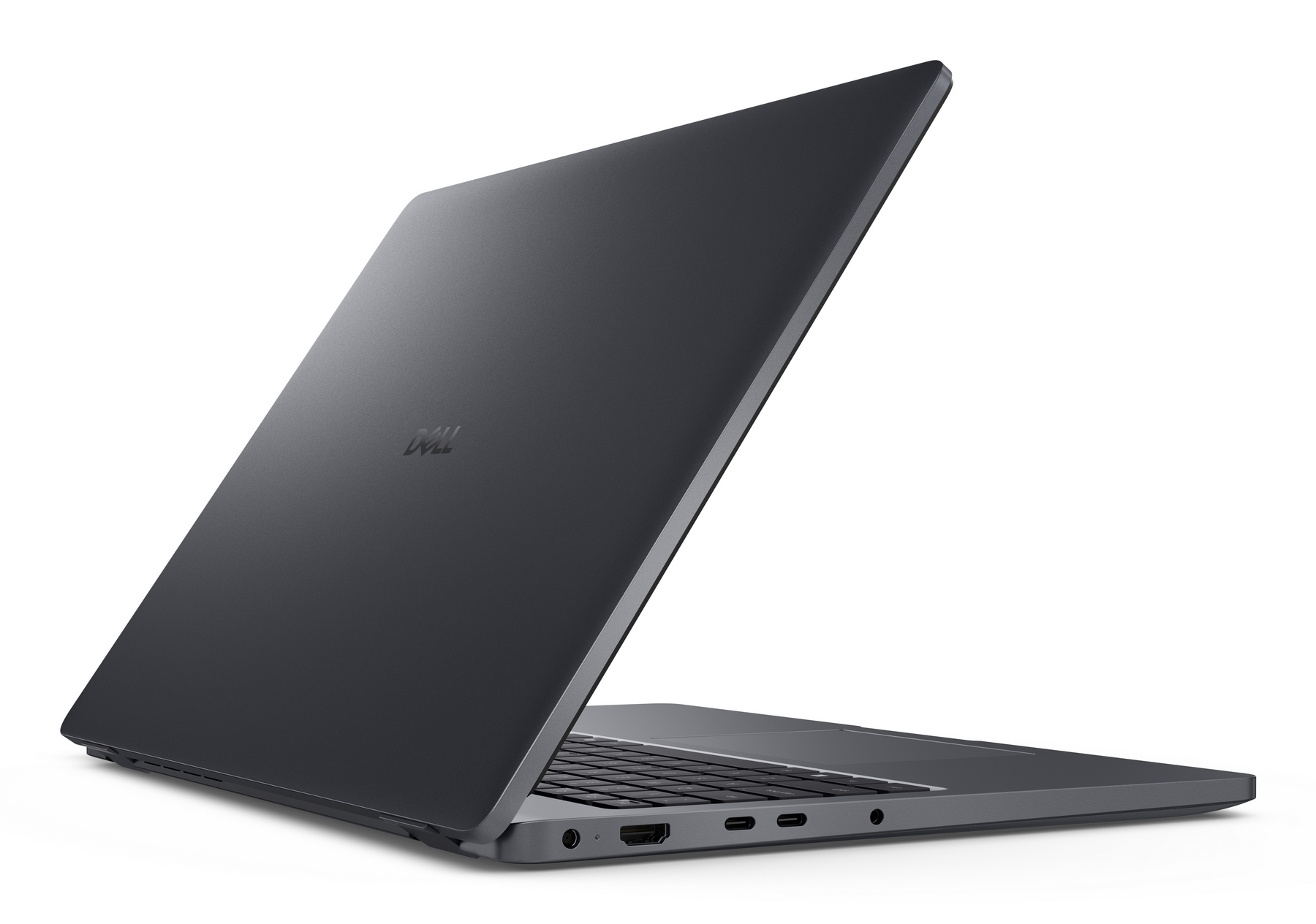 Un laptop Dell chiuso e scuro con il suo logo sul retro.