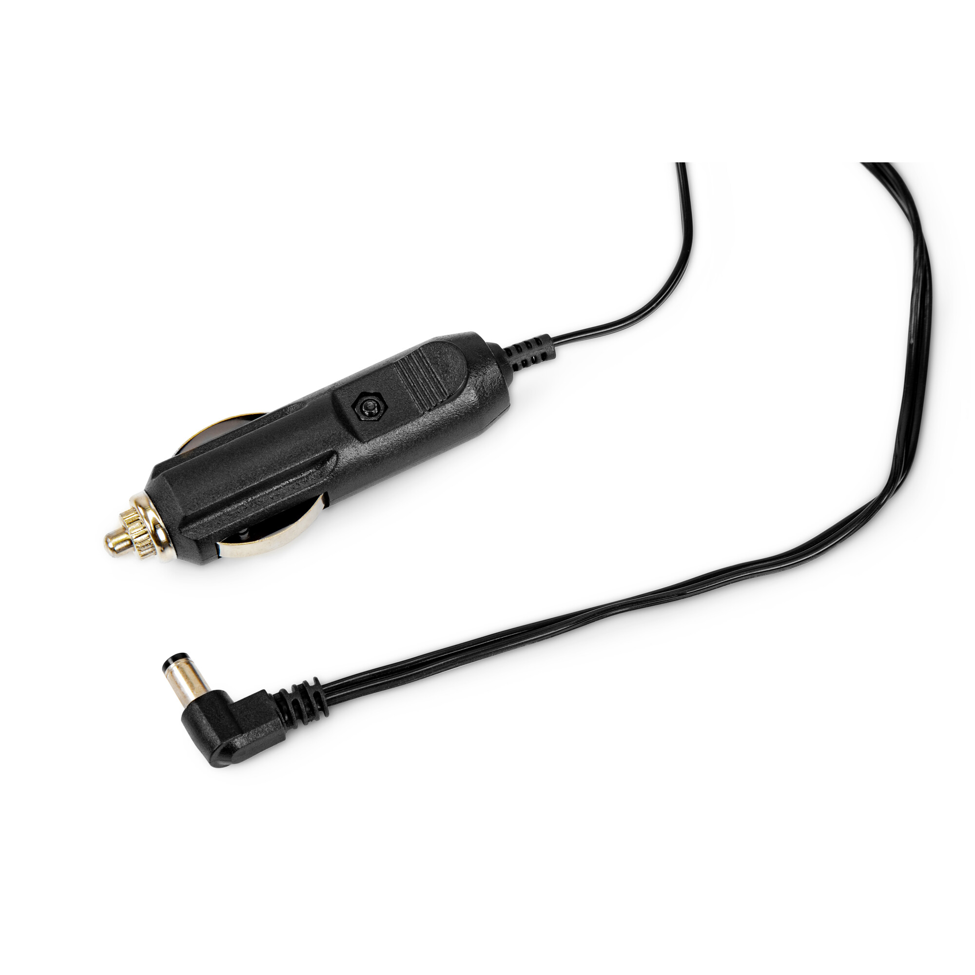 Ein schwarzes Autoladegerät mit einem abgewinkelten Stecker auf weißem Hintergrund.