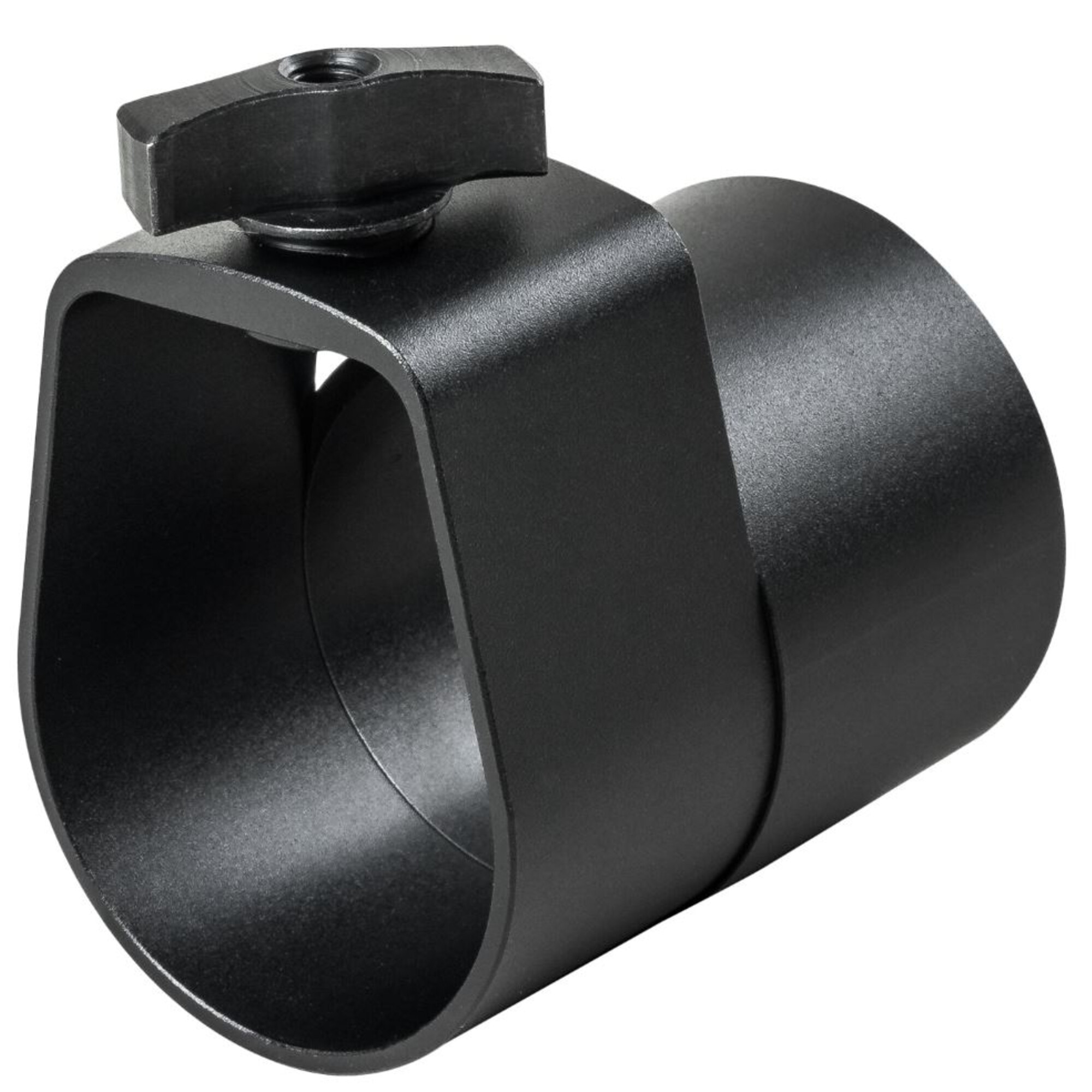 Eine schwarze Metallklemme mit Rändelschraube auf weißem Hintergrund.