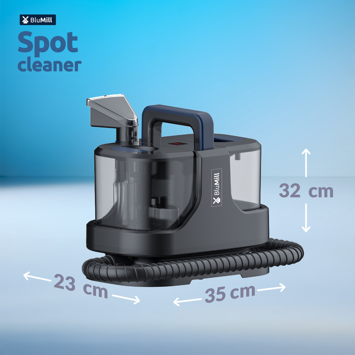 BluMill Spot cleaner: 35x23x32cm. Dark gray with blue handle, transparent tanks.
