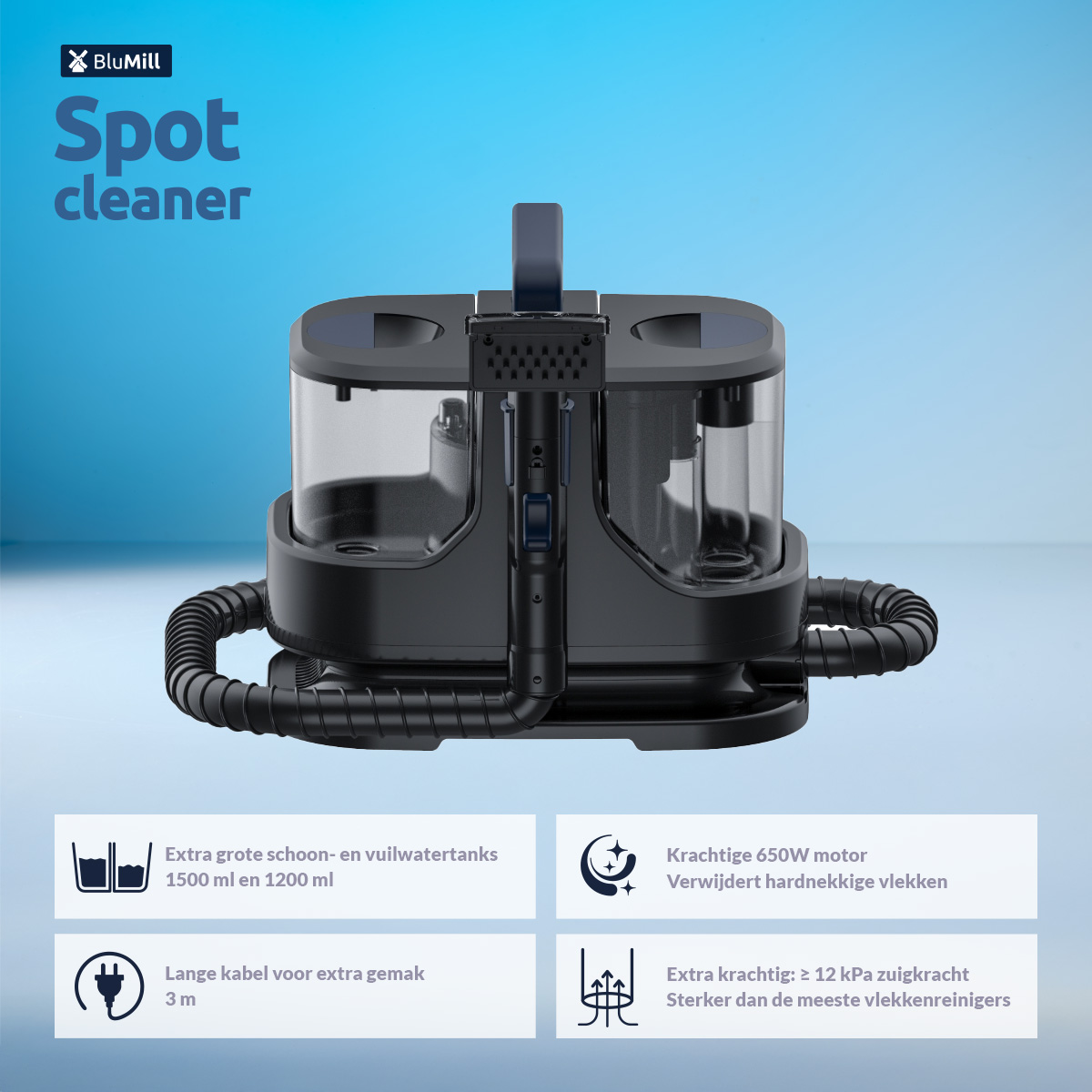 BluMill Spot cleaner with large tanks, 650W motor, 3m cable, and strong suction.