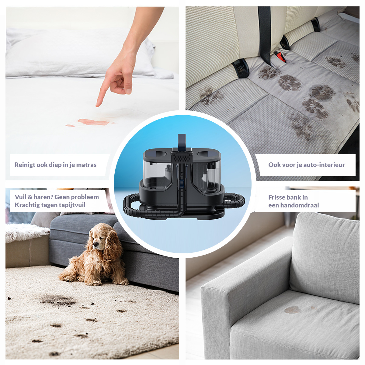 A cleaning device cleans mattresses, car seats, carpets, and sofas.
