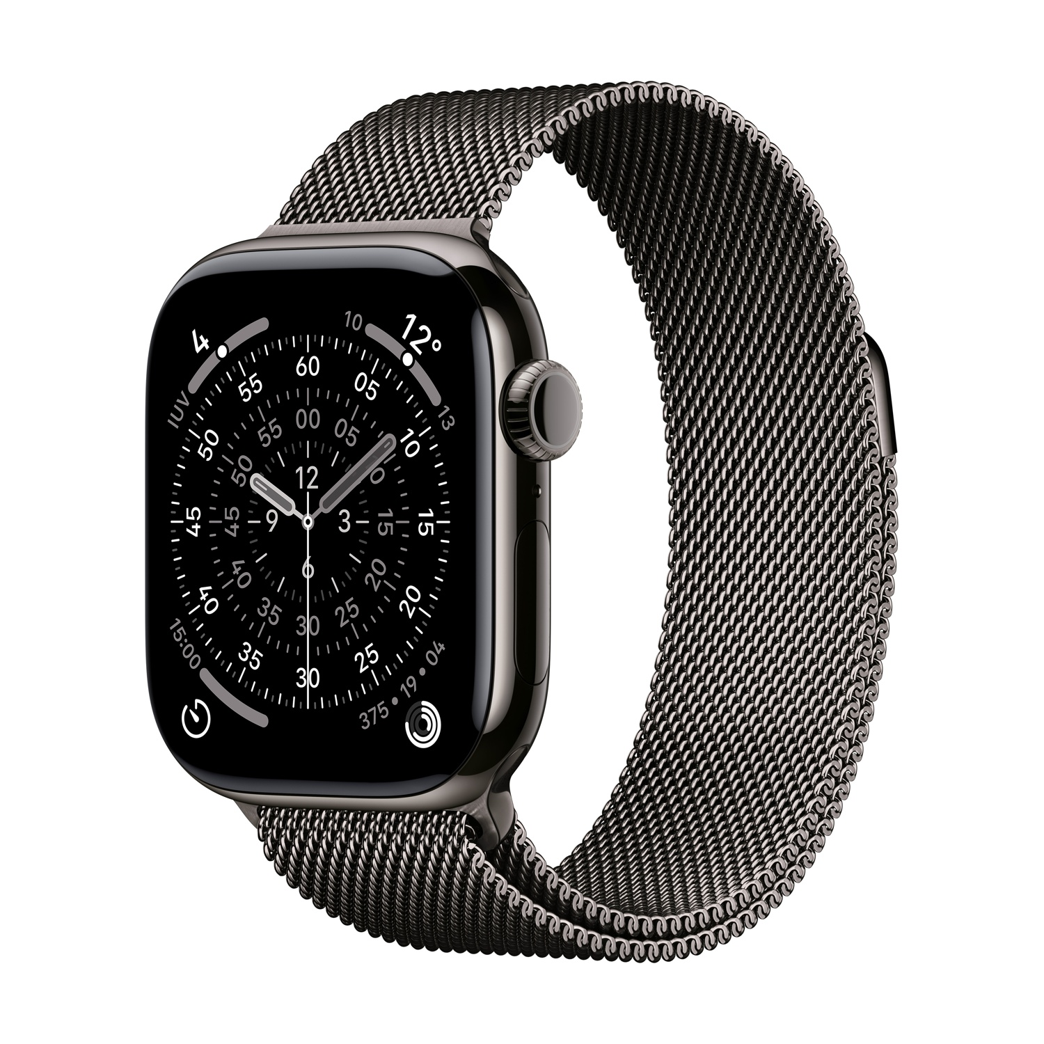 Ciemnoszary Apple Watch z paskiem Milanese Loop na białym tle.