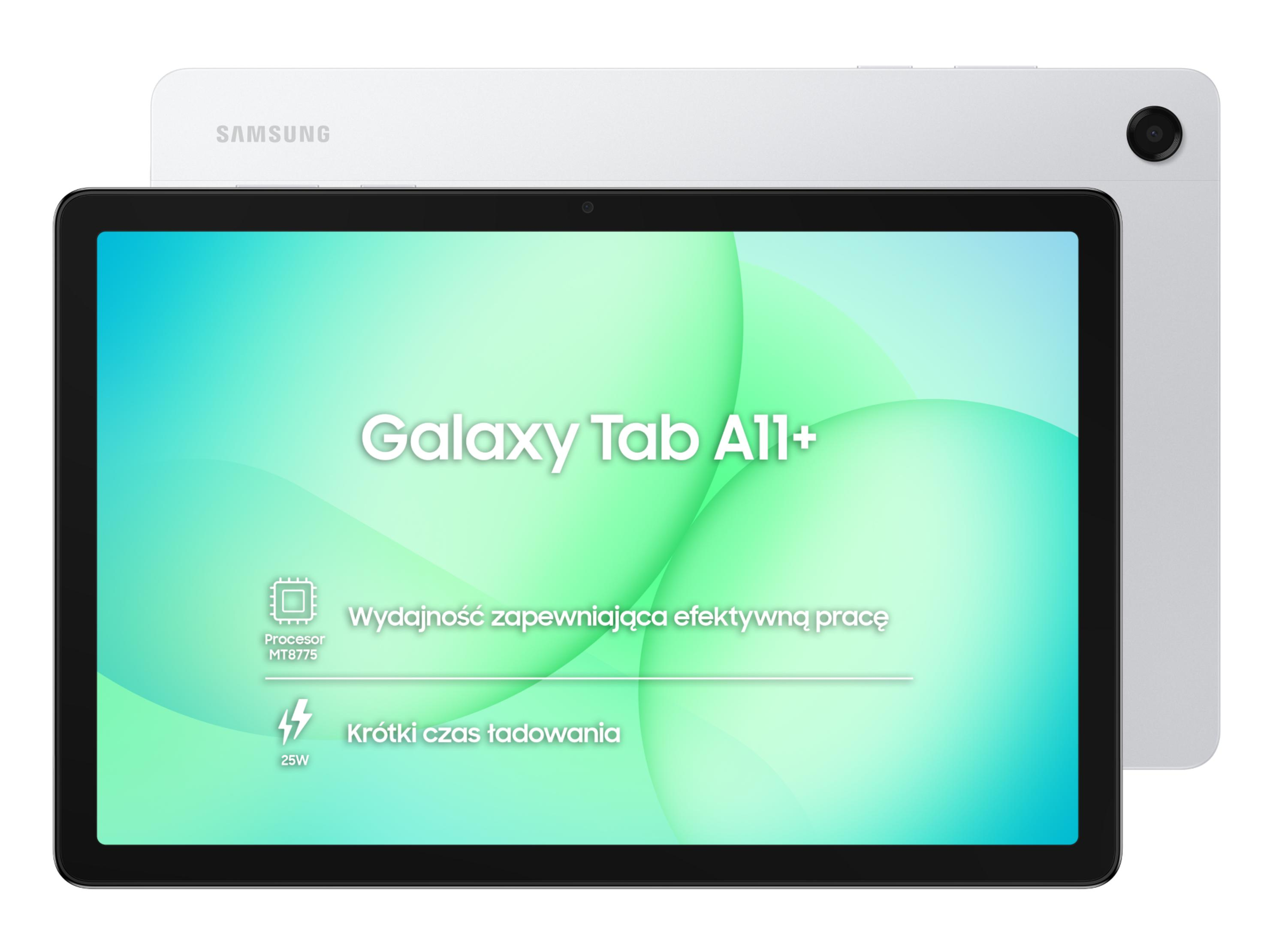 Srebrny Samsung Galaxy Tab A11+ z zielono-niebieskim tłem.