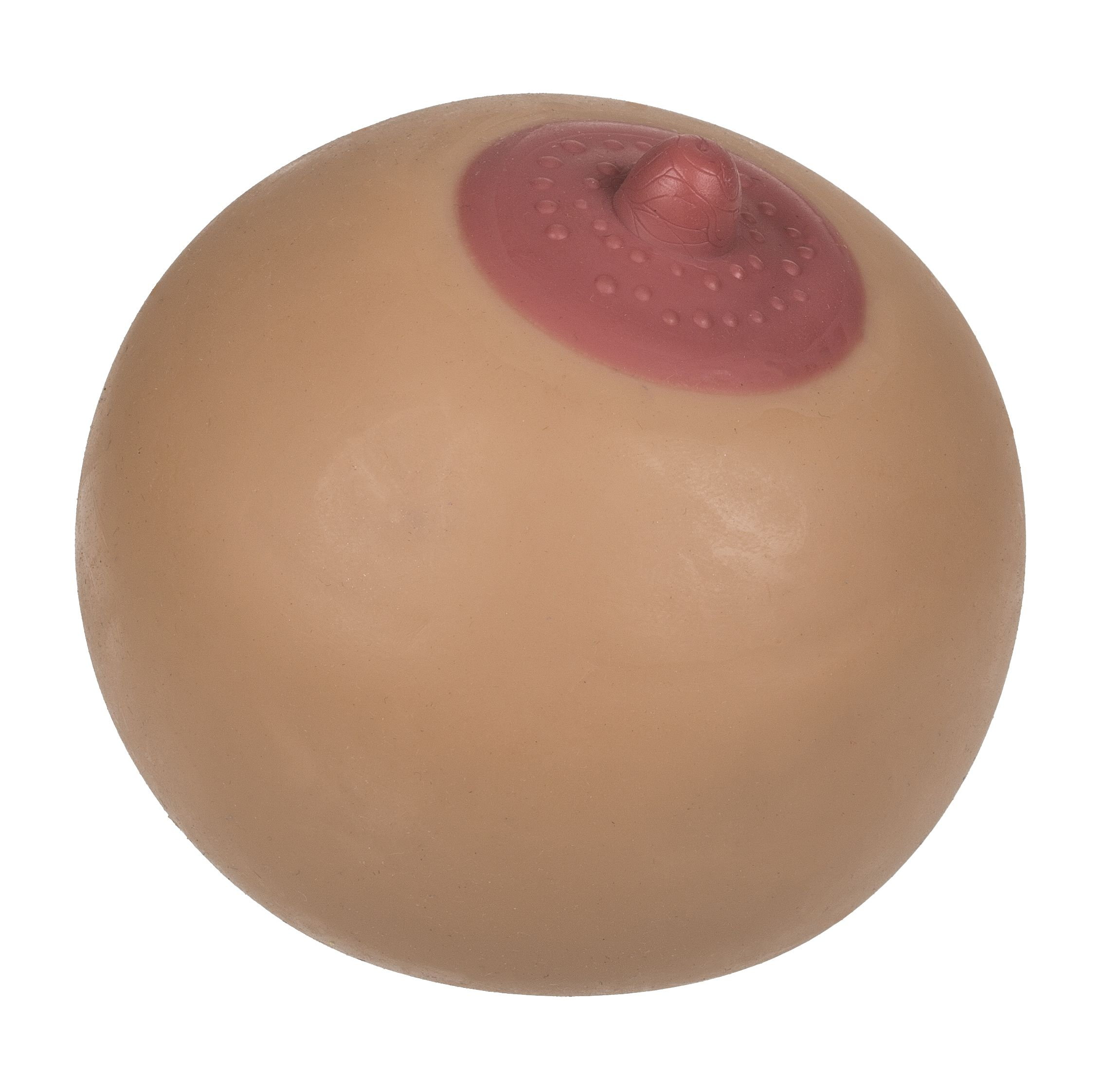 Eine realistische Brustprothese aus hautfarbenem Silikon mit einem rosa Warzenhof und einer Brustwarze.