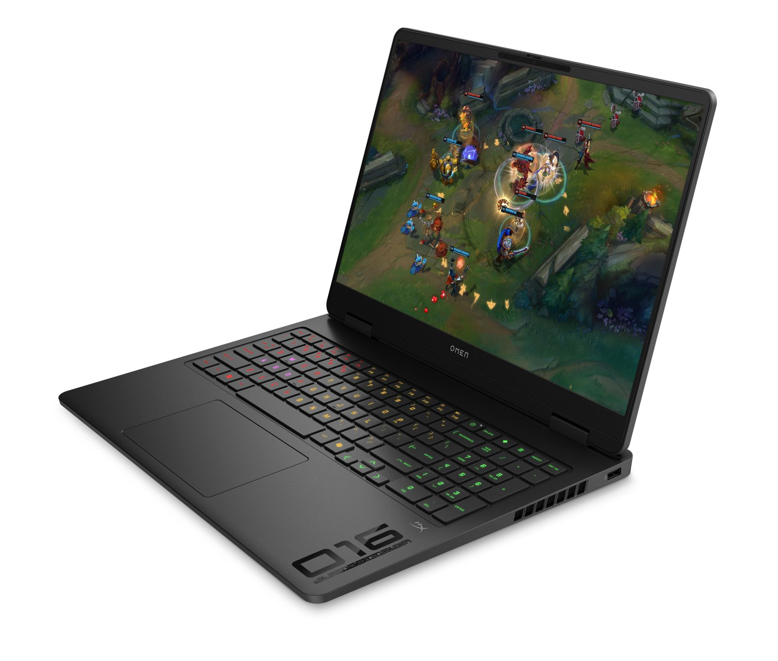 Laptop gaming Omen nero che mostra League of Legends sullo schermo. Tastiera RGB.