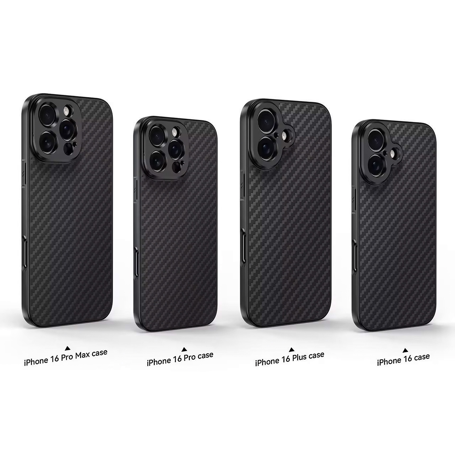 Four black carbon fiber phone cases for iPhone 16 models.