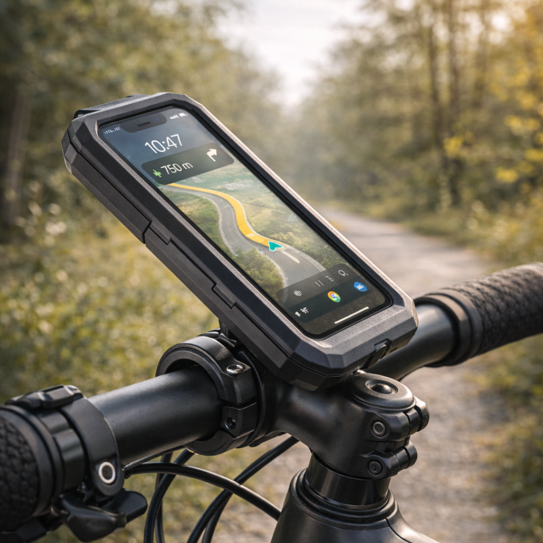 Téléphone avec navigation sur un guidon de vélo, à l'extérieur sur un chemin.