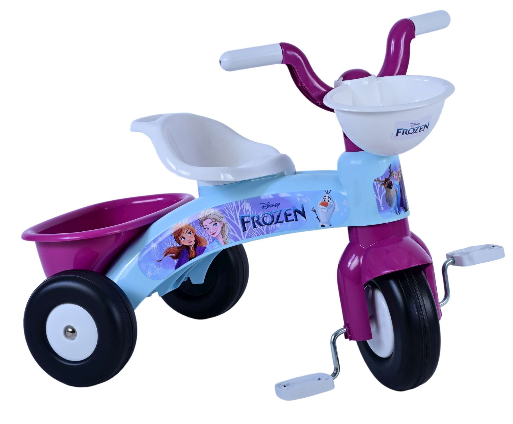 Ein blau-violettes Kinderdreirad mit 'Die Eiskönigin'-Motiven und Körbchen.