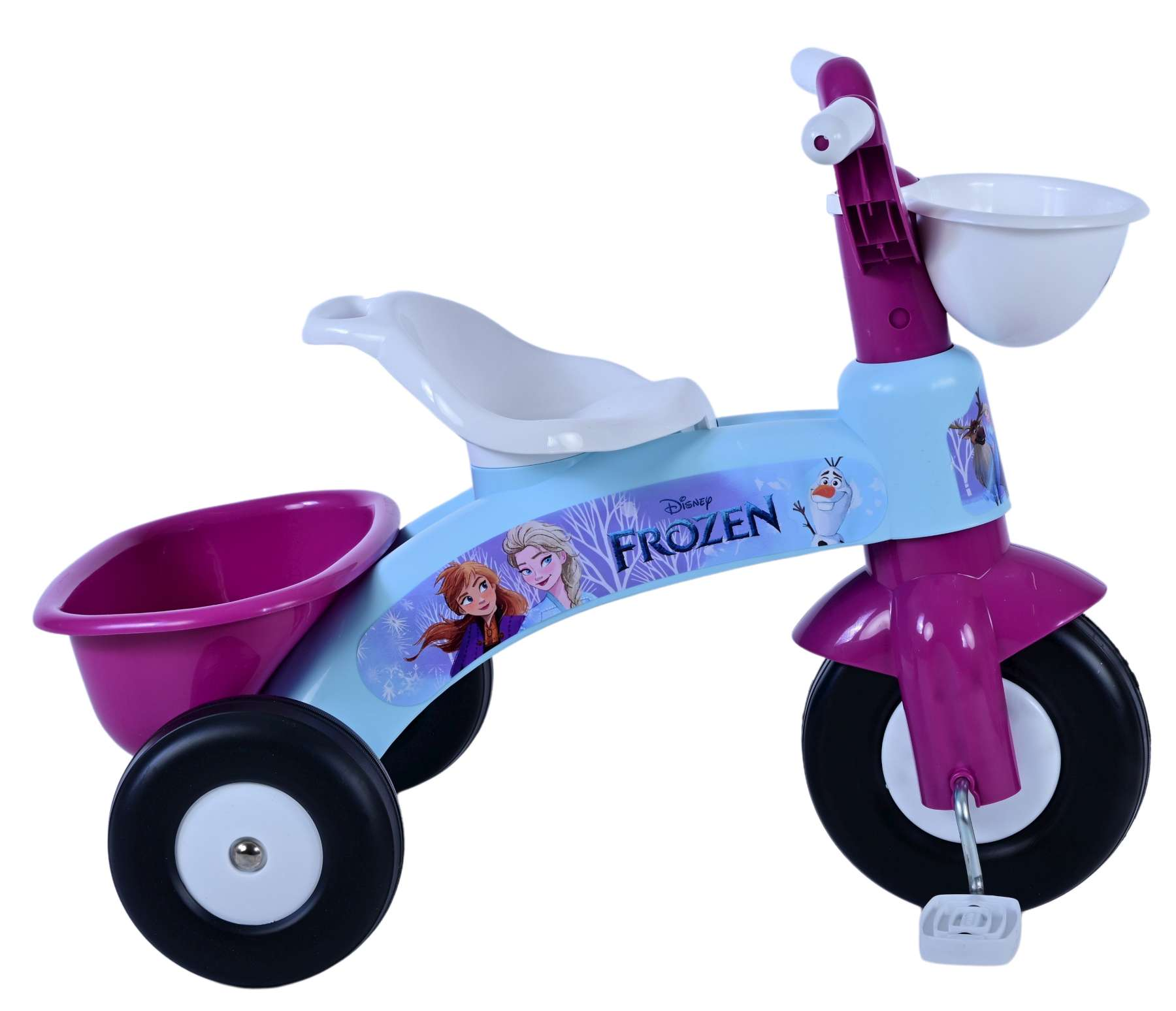 Ein blaues Kinderdreirad mit lila Akzenten und "Frozen"-Motiven.