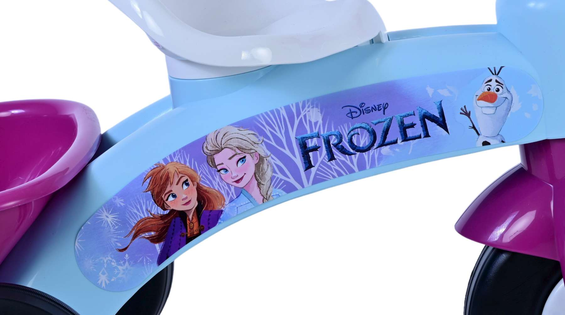 Blaues Dreirad mit Frozen-Charakteren Anna, Elsa und Olaf. Lila Korb.