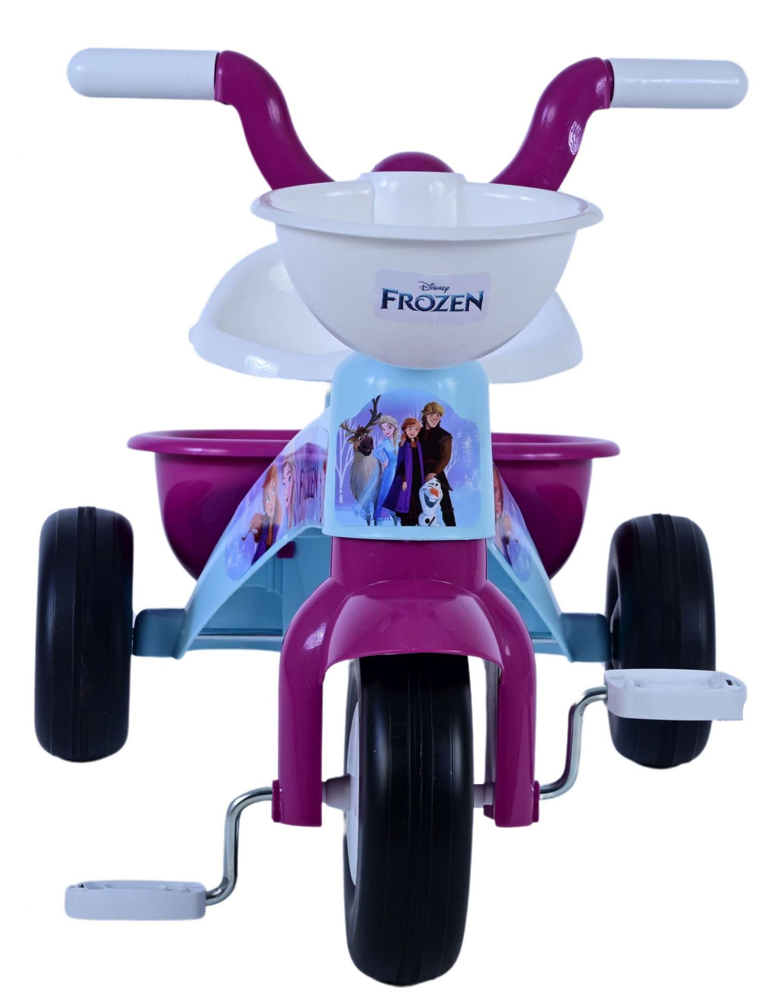 Ein lila-blaues Dreirad im Frozen-Design mit Charaktergrafiken und Aufbewahrungskörben.