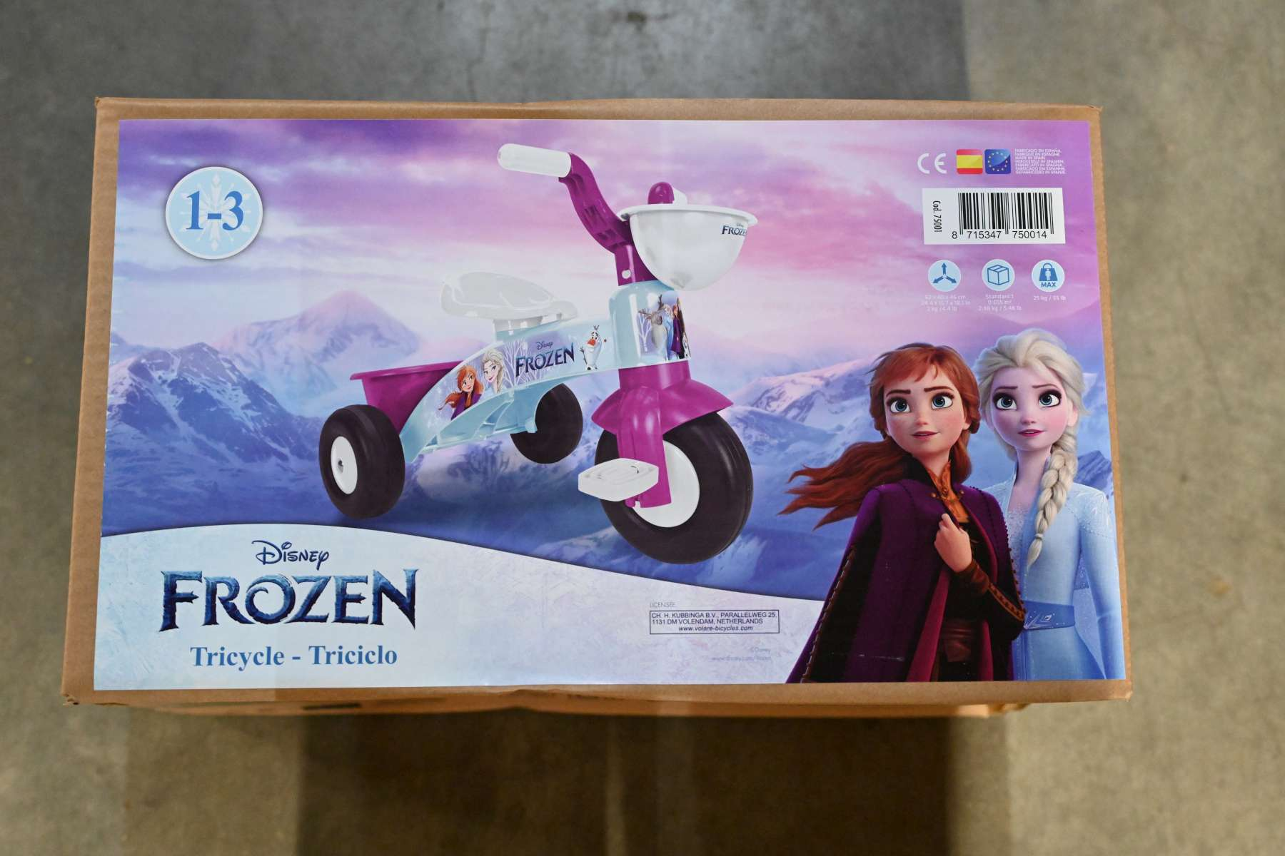 Verpackung eines Frozen-Dreirads mit Anna und Elsa, für Kinder von 1-3 Jahren.