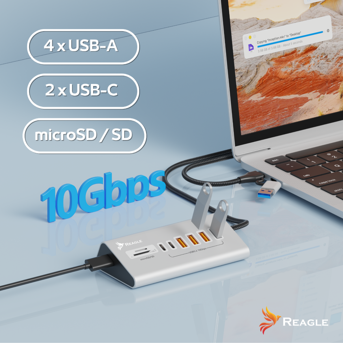 Hub USB Reagle z 4 portami USB-A, 2 USB-C, slotami microSD/SD i prędkością 10 Gbps.