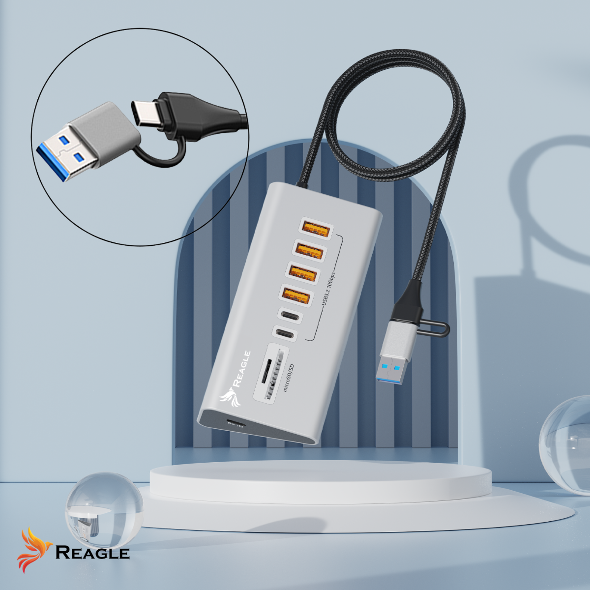 Szara stacja dokująca USB z wieloma portami i czytnikami kart. Pokazano kabel USB 3.0.