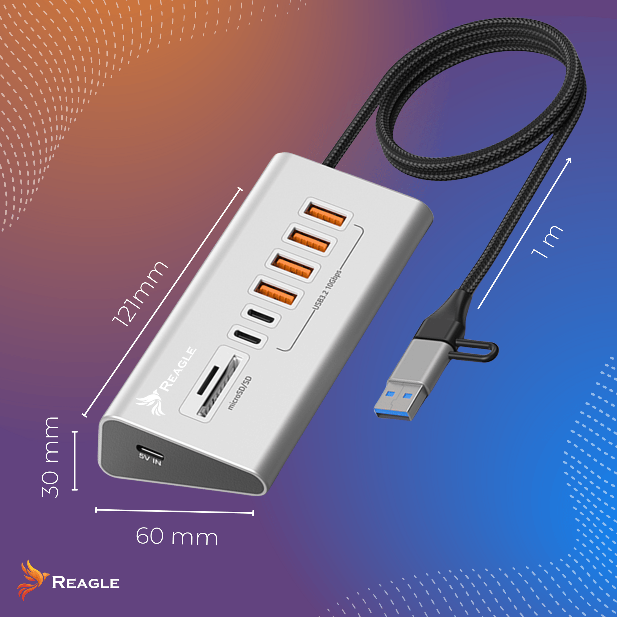 Srebrny hub USB-C z pięcioma pomarańczowymi portami USB-A i gniazdami SD/microSD.