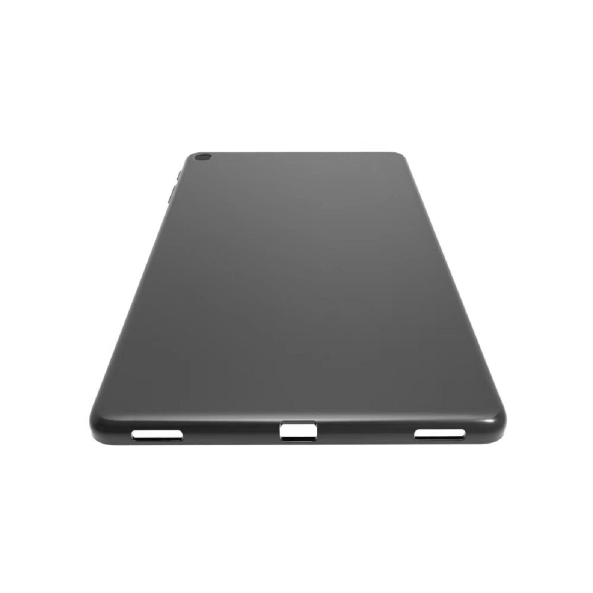 Ein dunkelgraues Tablet liegt flach auf einer weißen Oberfläche, von schräg betrachtet. Der Bildschirm ist dunkel und reflektierend.