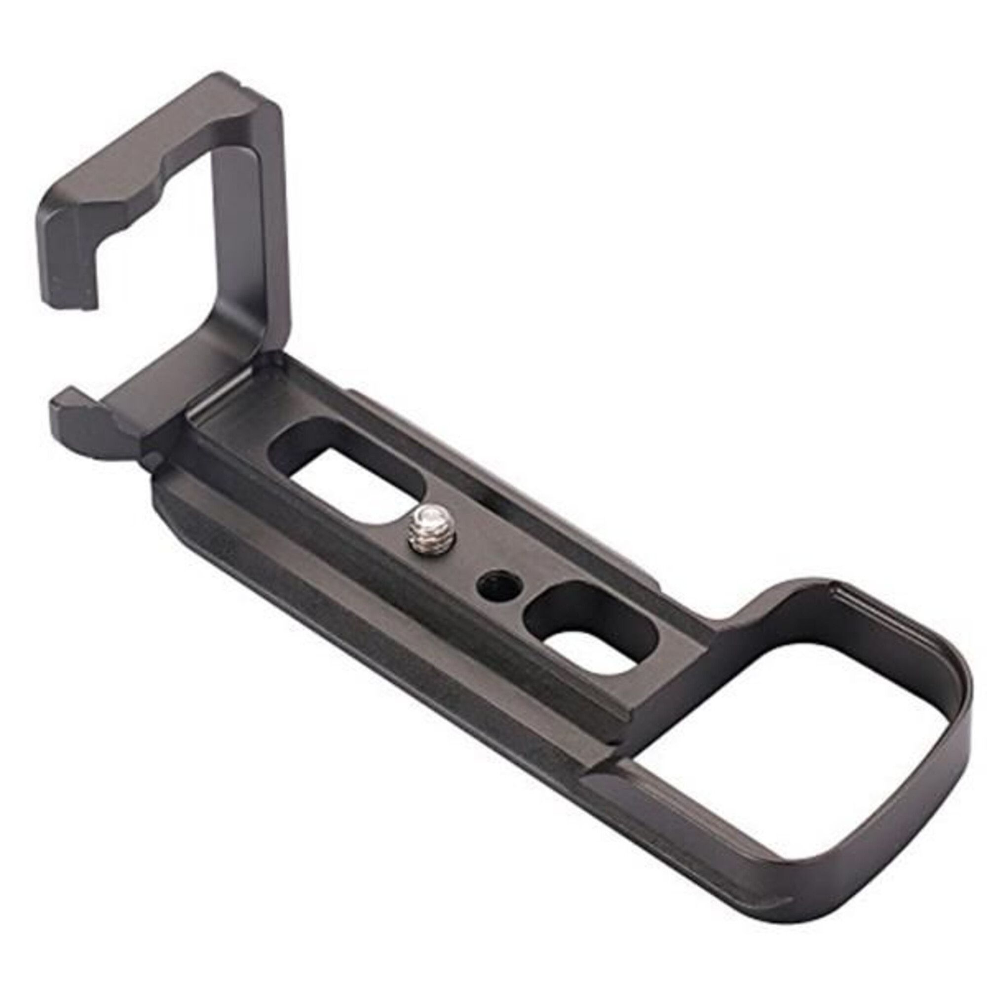 Eine schwarze L-Klammer aus Metall für Kameras mit Schraubhalterung und Griff.