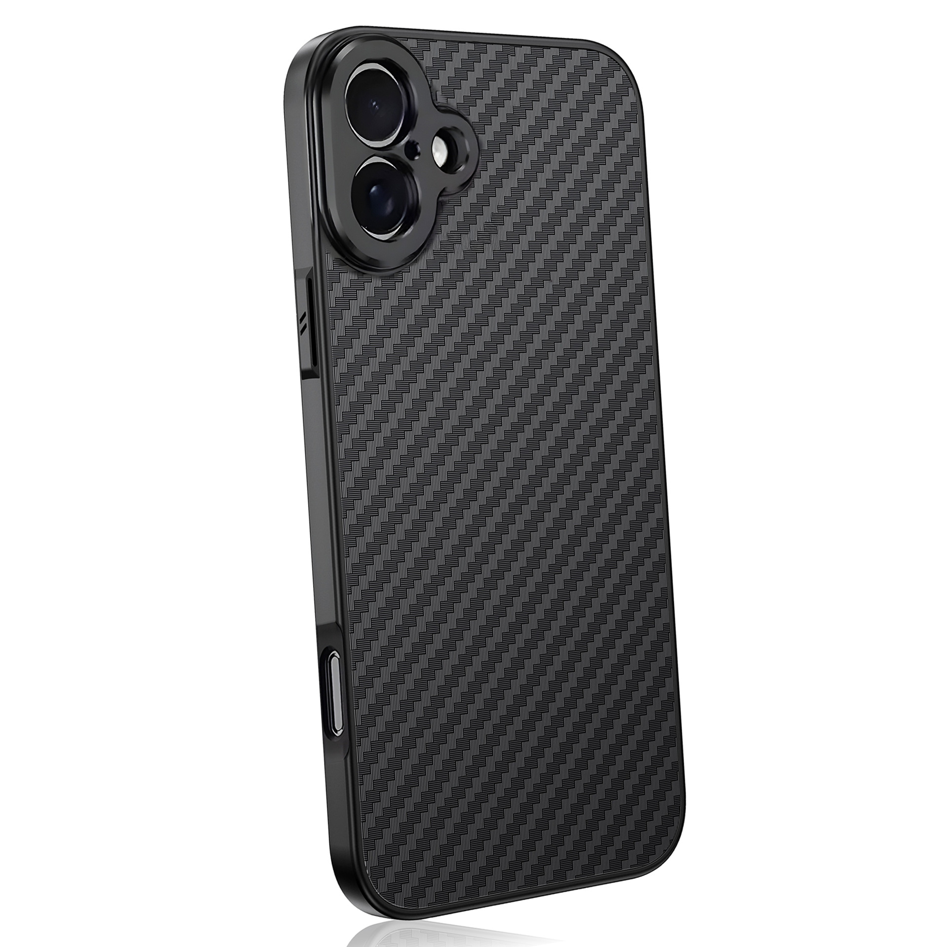 Black phone case with carbon fiber pattern and dual camera lens.