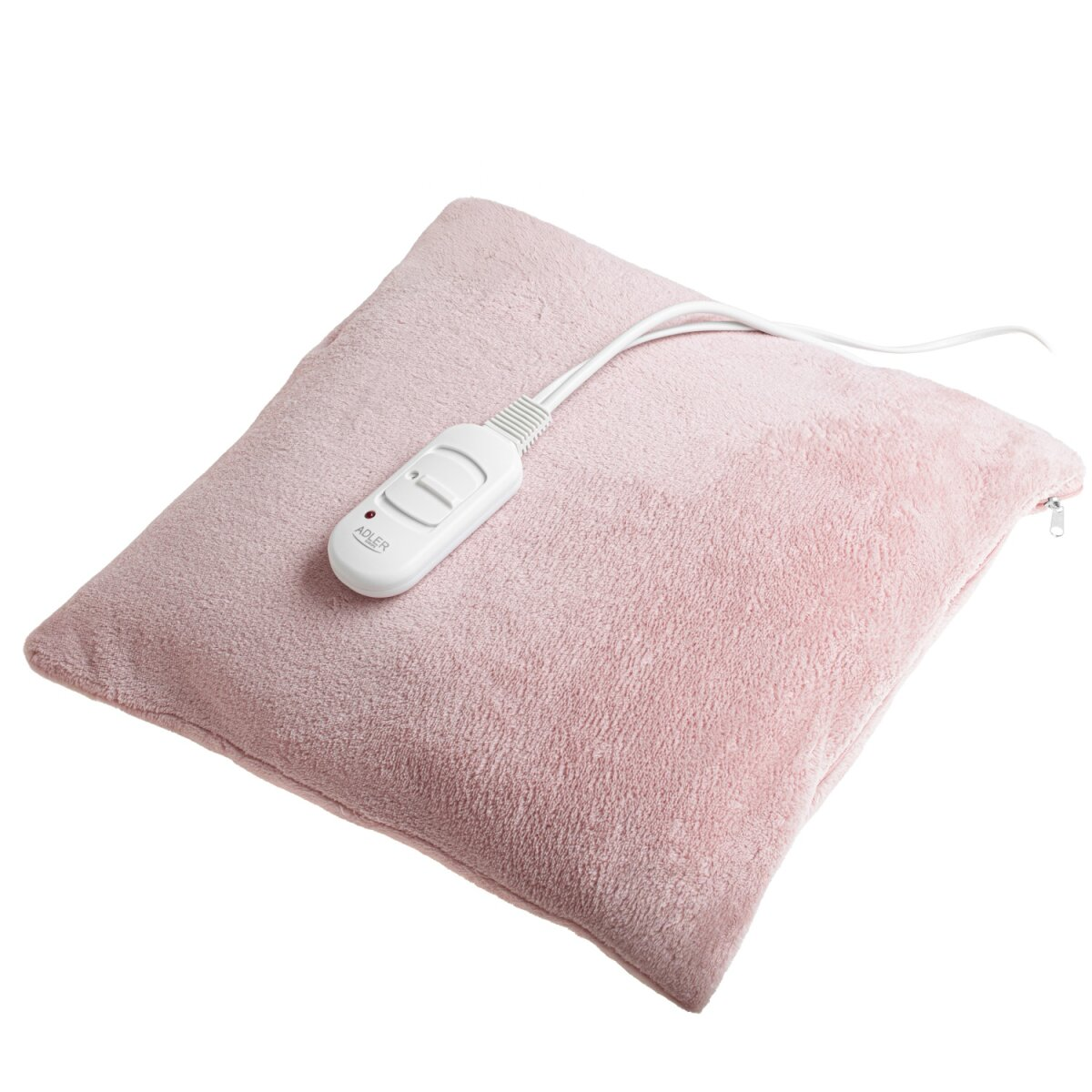 Un termoforo rosa elettrico con un controller bianco su sfondo bianco.