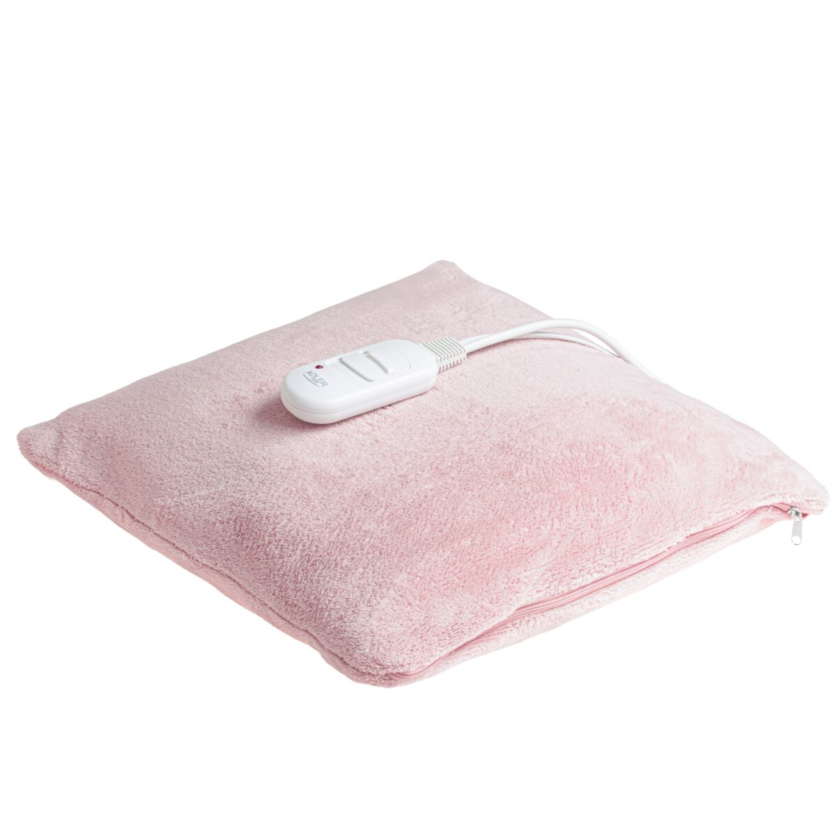 Un termoforo elettrico rosa con controller bianco su superficie bianca.