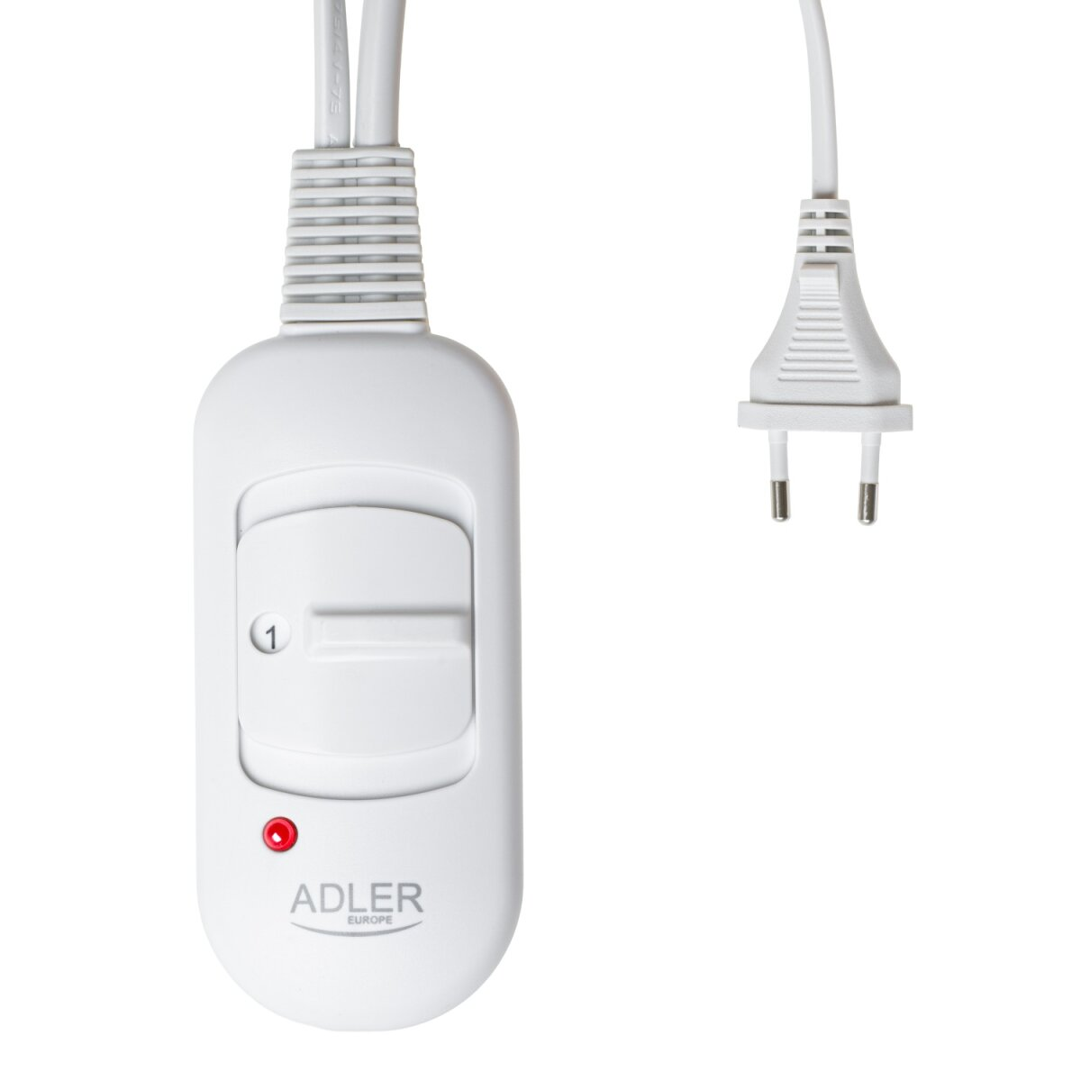 Controller bianco per coperta elettrica Adler Europe con spia rossa e cursore.