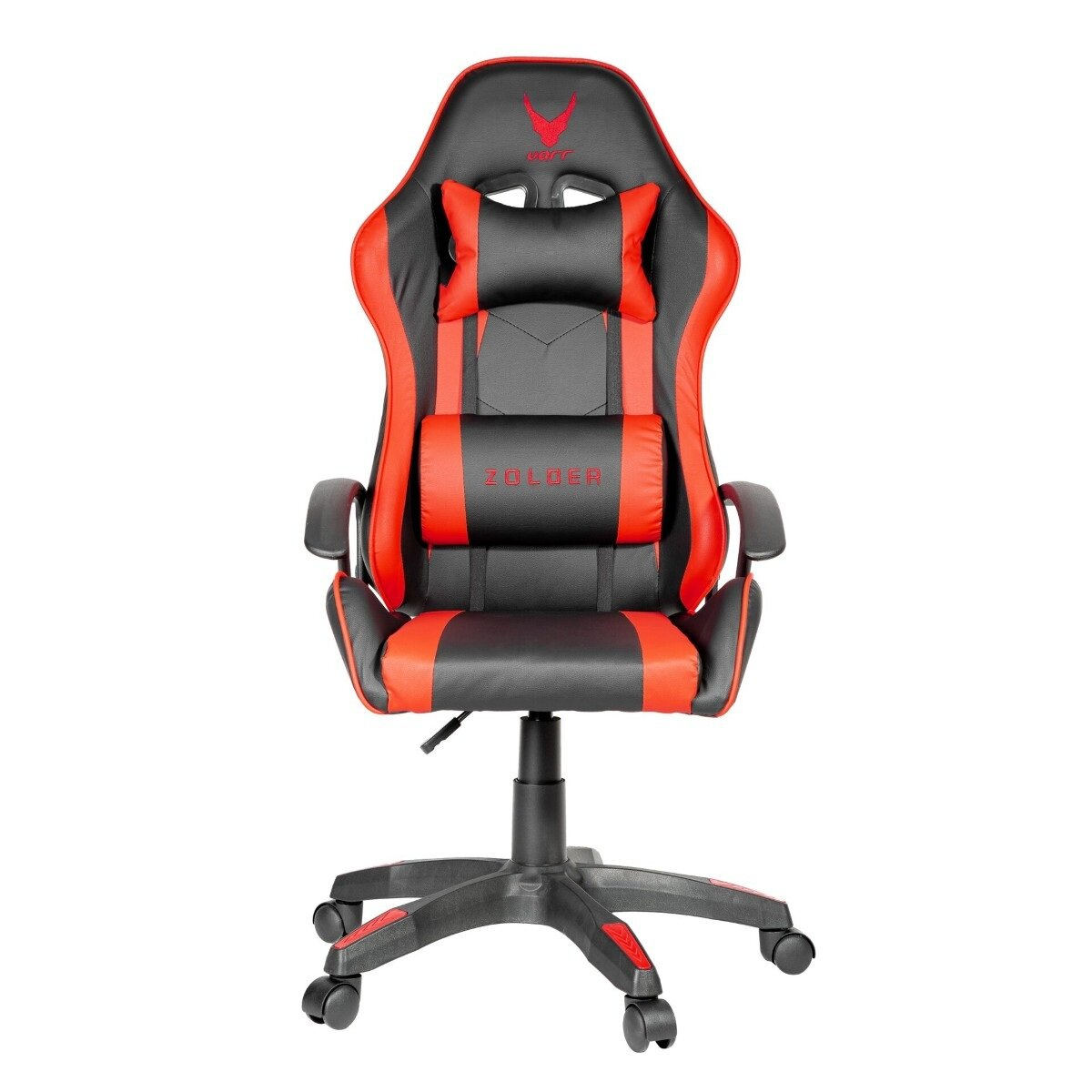 Ein schwarzer und roter Gaming-Stuhl mit verstellbarem Kissen und Rollen.