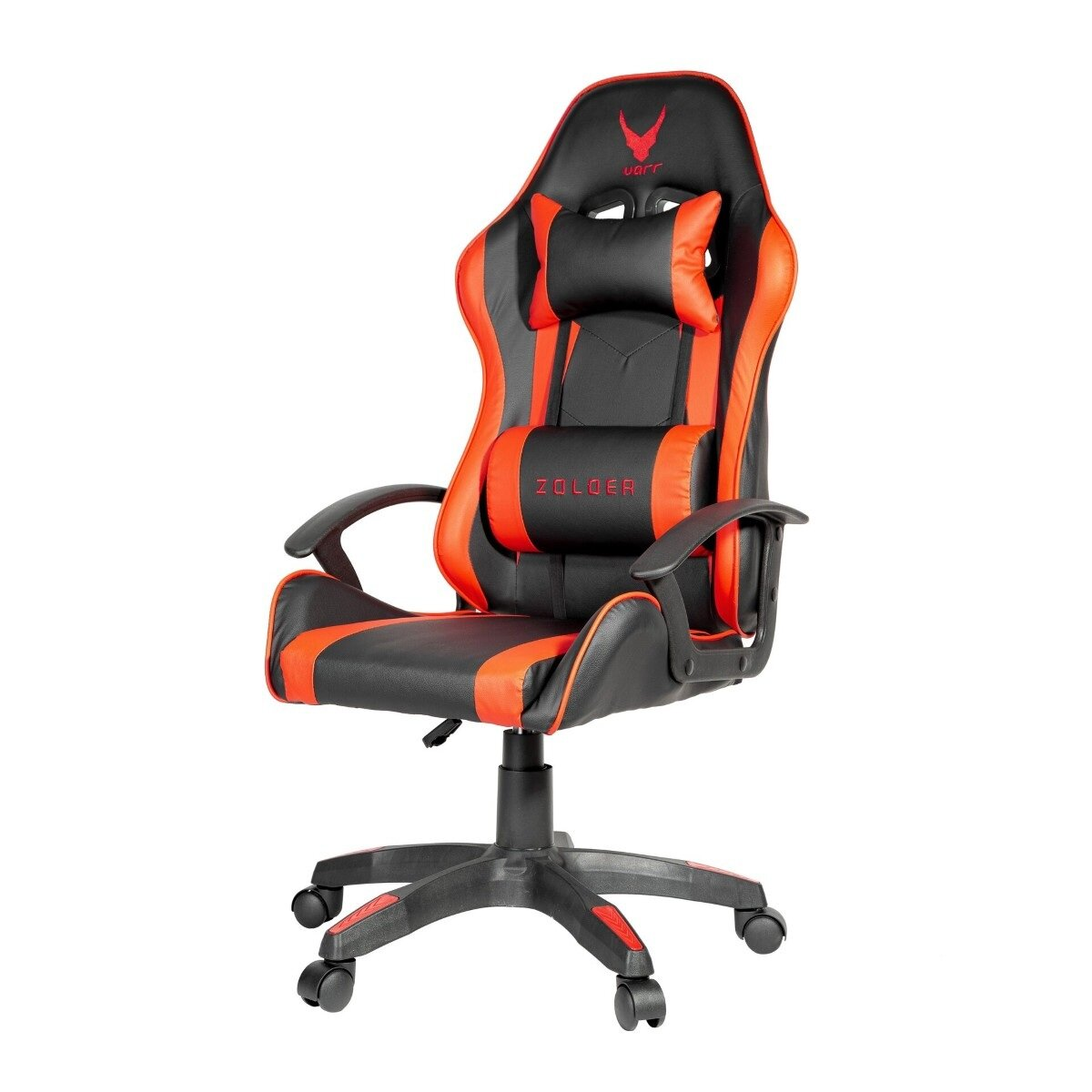 Ein schwarzer Gaming-Stuhl mit orangefarbenen Akzenten und einem Kopfkissen.