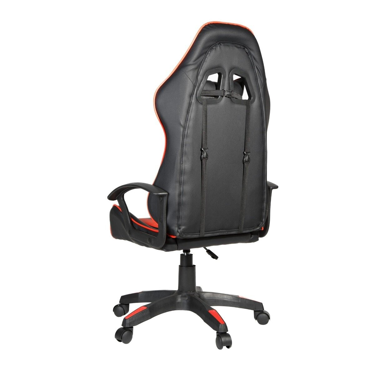 Ein schwarzer und roter Gaming-Stuhl mit orangefarbener Zierleiste ist von hinten gezeigt.