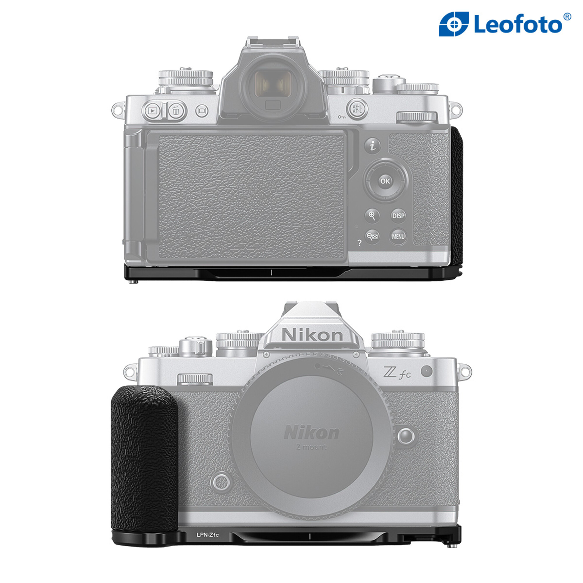 Zwei Ansichten einer silbernen Nikon Zfc Kamera mit schwarzem Griff und Bodenplatte.