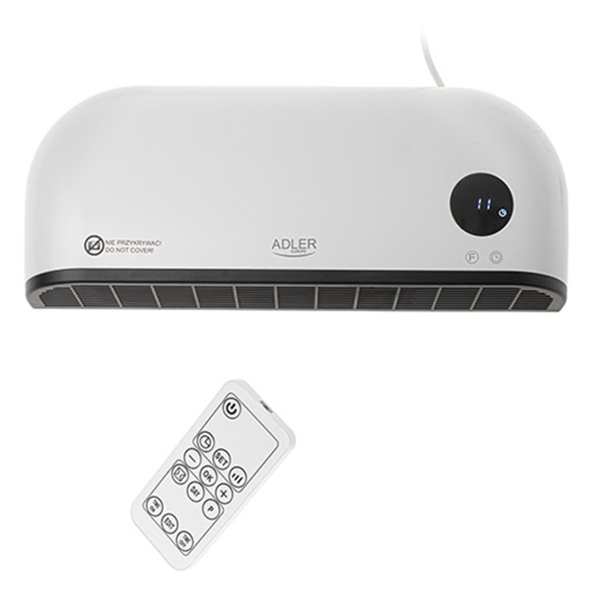 Una stufetta bianca con telecomando, logo Adler e display digitale.