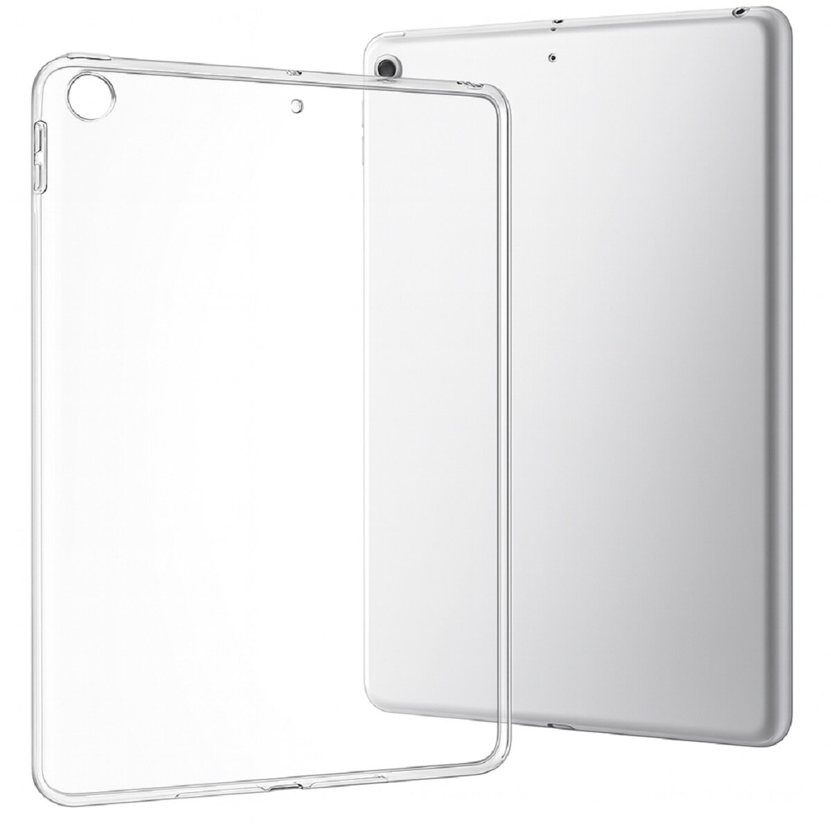 Eine durchsichtige Tablet-Hülle wird neben einem silbernen Tablet gezeigt.