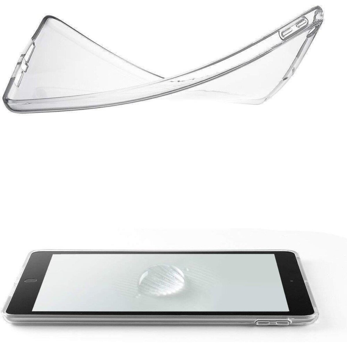 Eine durchsichtige Tablet-Hülle wird verbogen gezeigt, darunter ein Tablet mit Wassertropfen.