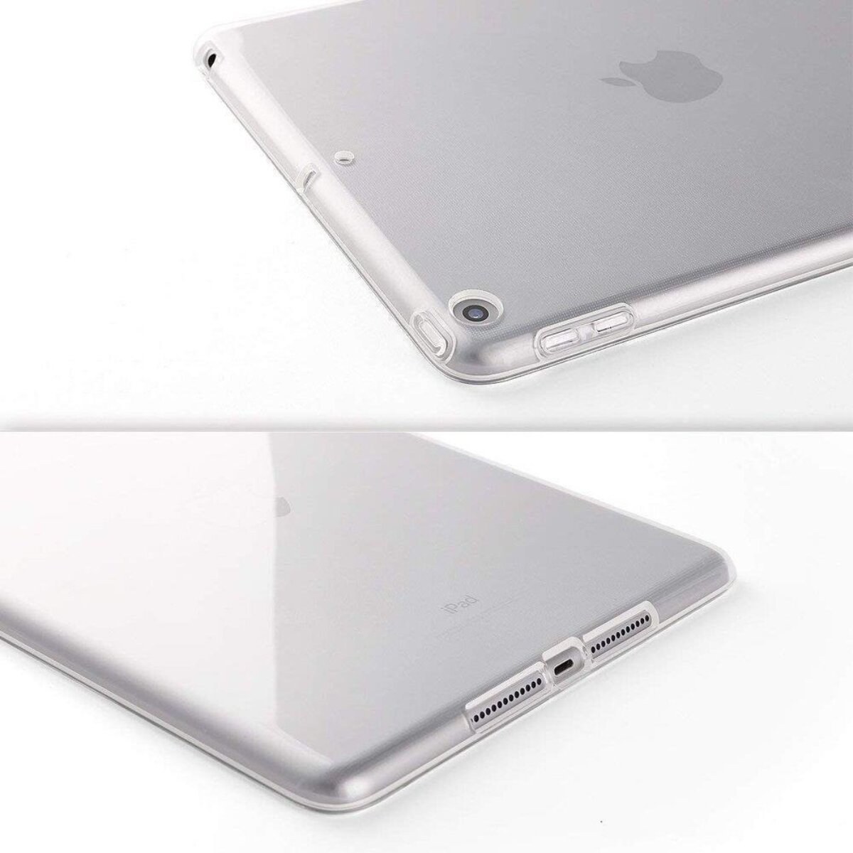 Transparente Hülle für ein iPad, zeigt die Rückseite und Kamera.