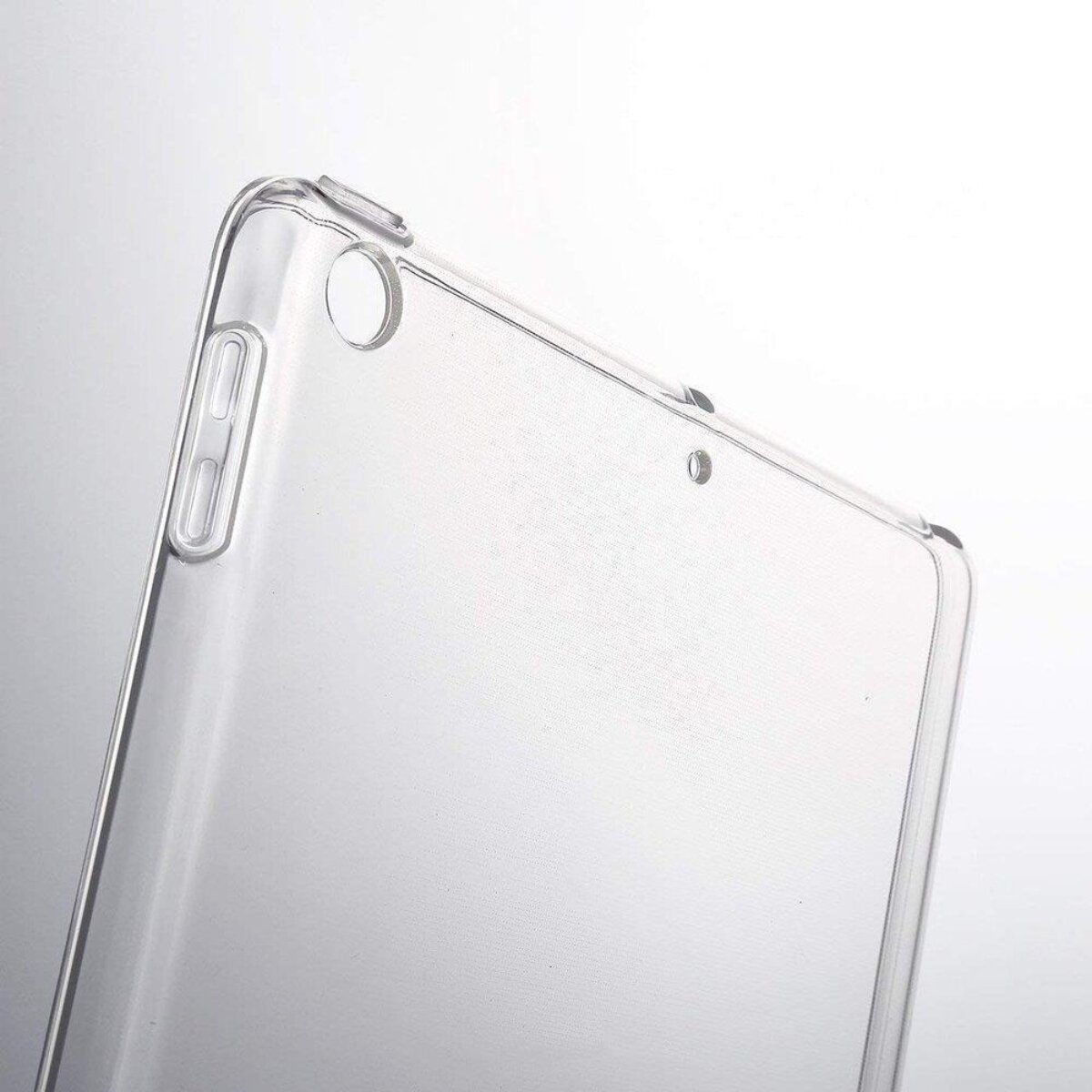 Transparente Hülle für ein Tablet mit Aussparungen für Kamera und Tasten.