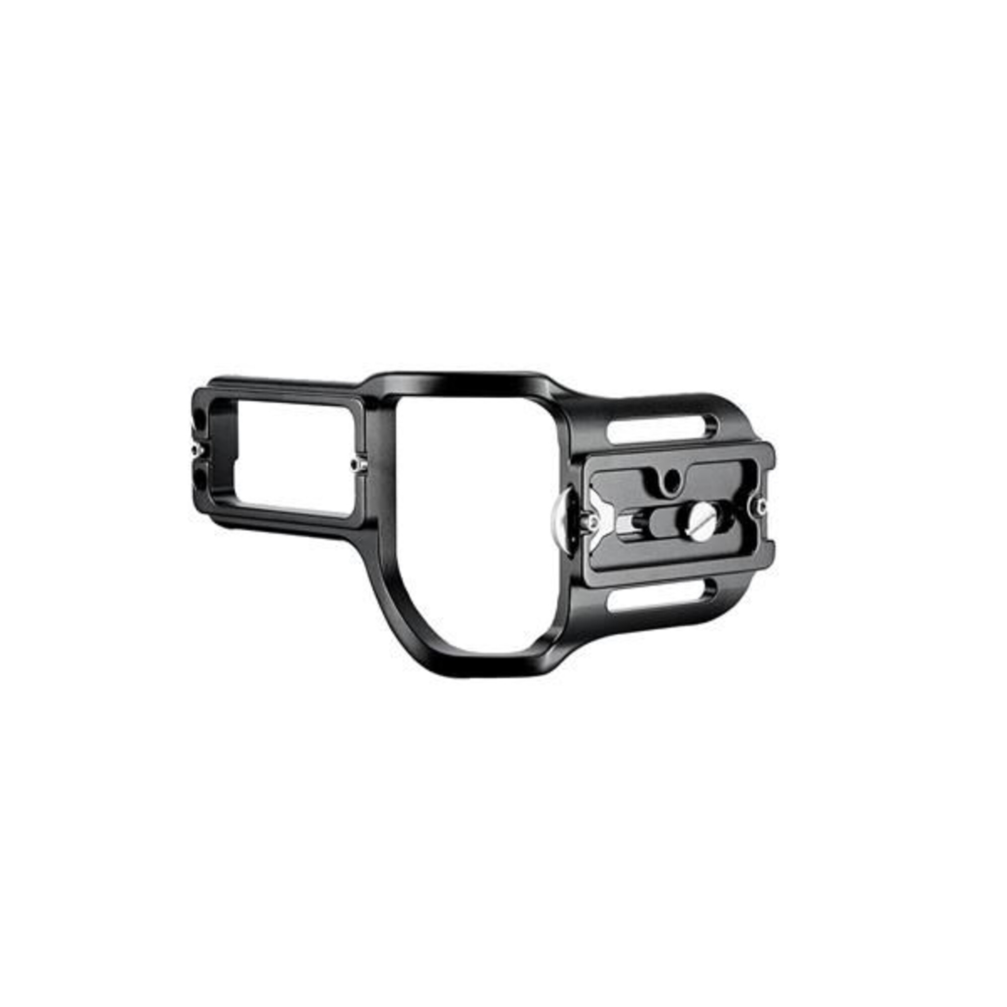 Schwarze Metall-Kamerakäfig mit Befestigungspunkten und Schnellwechselplatte.