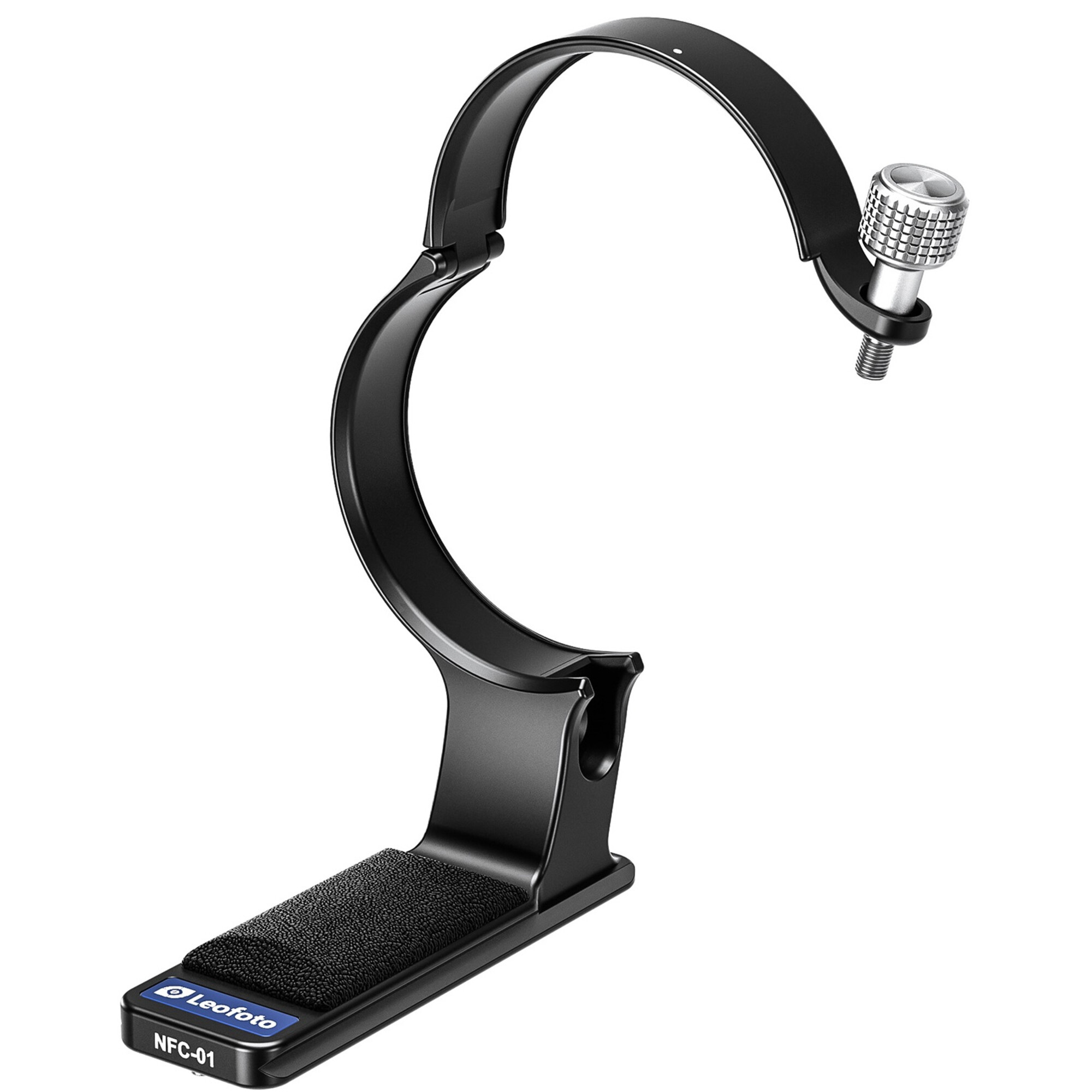 Eine schwarze Leofoto NFC-01 Kamerahalterung mit strukturgriff und silbernem Knopf.