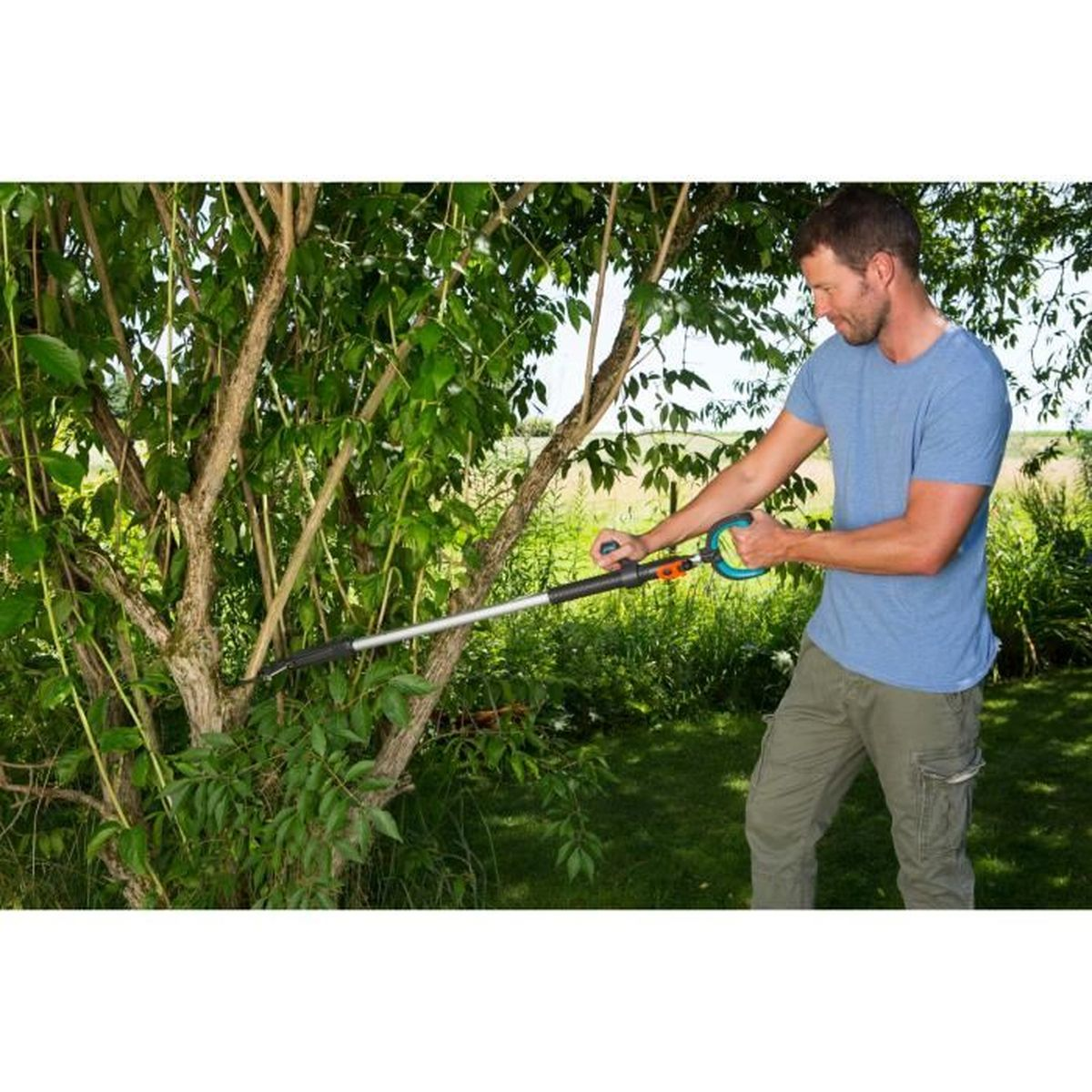 Uomo pota albero con tagliasiepi su asta in giardino.