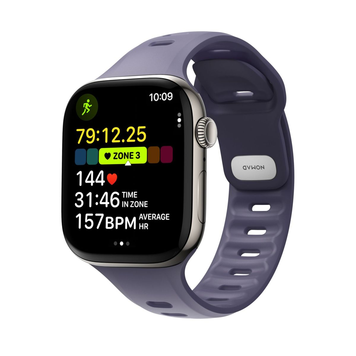 Uno smartwatch argentato con cinturino viola mostra dati allenamento: 79:12.25, Zona 3, 144 bpm, 31:46 tempo in zona, 157 bpm avg.