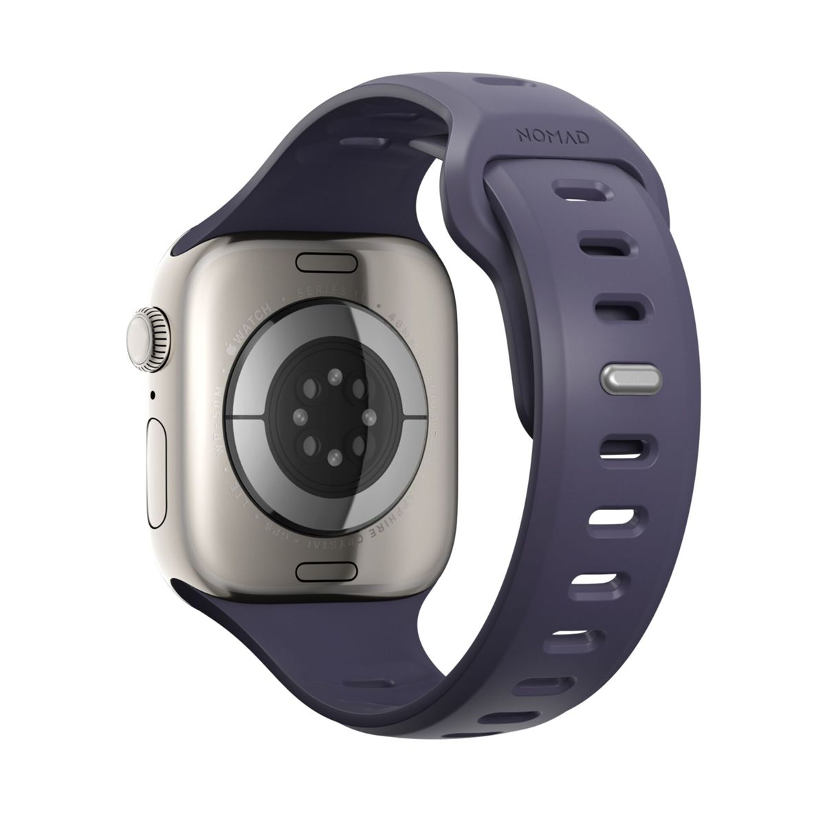 Smartwatch argento con cinturino viola scuro su sfondo bianco.