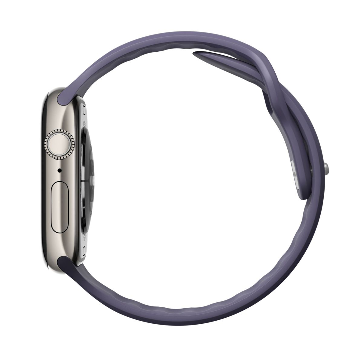 Smartwatch argentato con cinturino viola visto di lato su sfondo bianco.