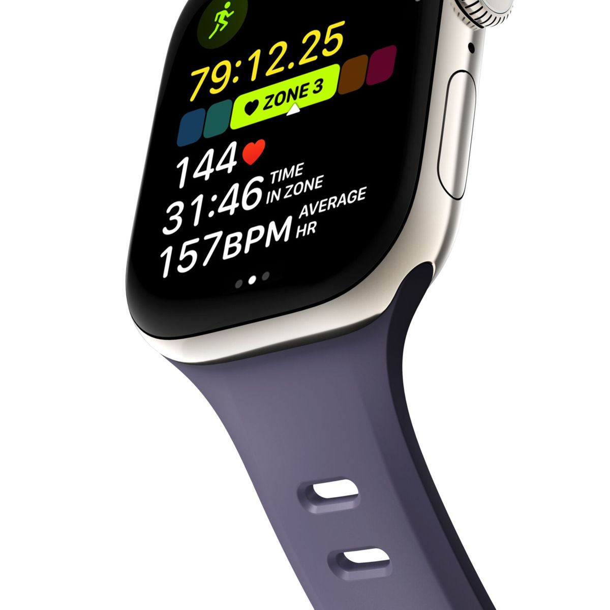 Primo piano di uno smartwatch con statistiche di allenamento: 79:12.25 tempo, zona 3, 144 bpm medi, 31:46 in zona.
