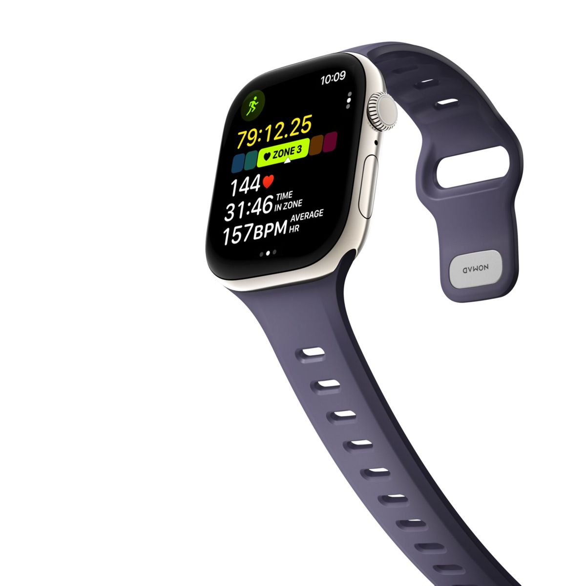 Uno smartwatch con cinturino viola mostra statistiche di allenamento: 79:12.25 tempo, Zona 3, 144 battiti, 31:46 tempo in zona.