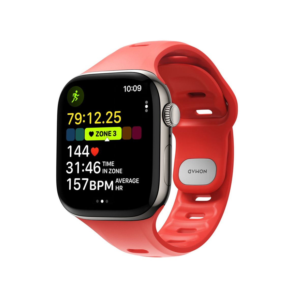 Un reloj inteligente rojo muestra estadísticas de entrenamiento: 79:12.25 tiempo, Zona 3, 144 lpm, 31:46 tiempo en zona, 157 lpm media FC.