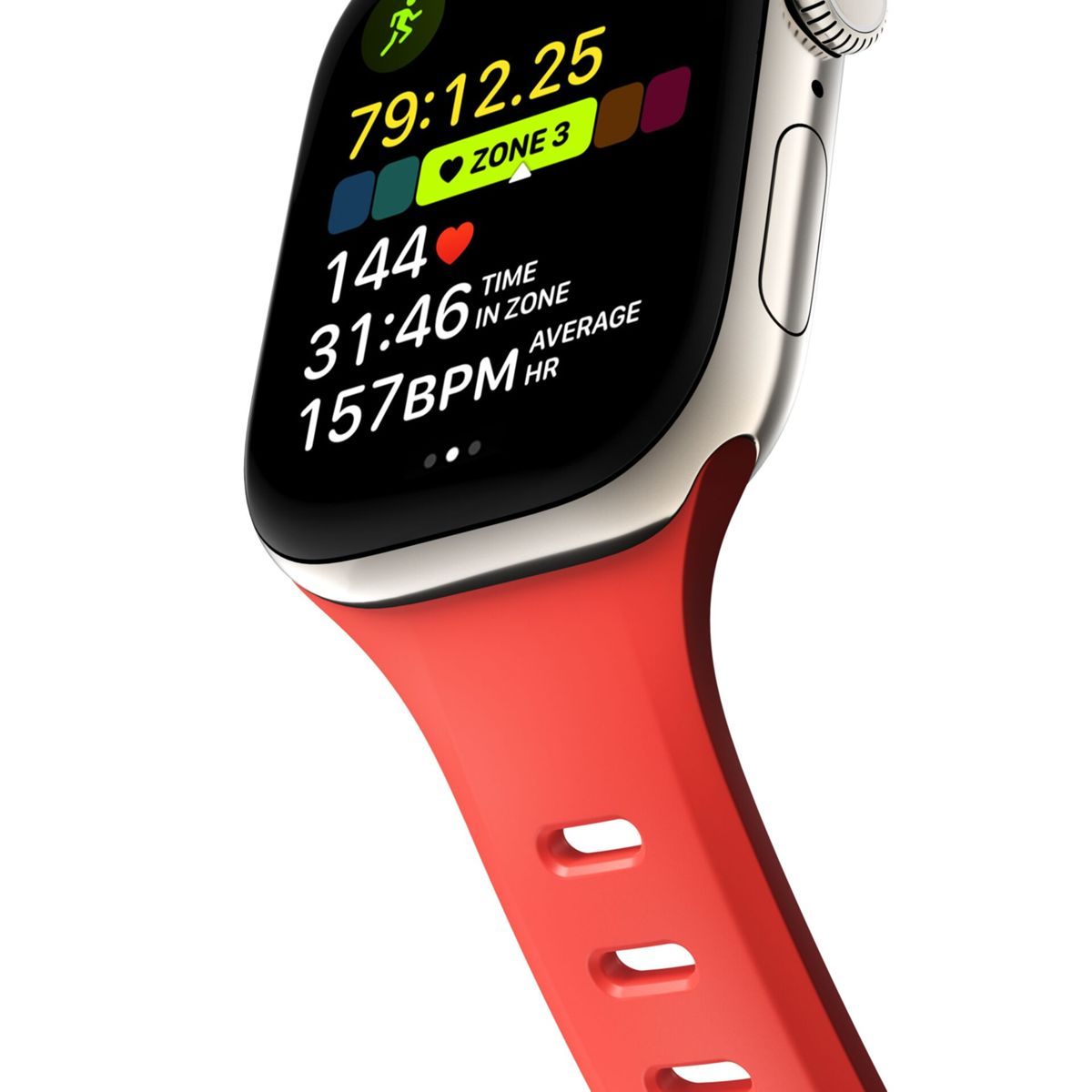Primer plano de un reloj inteligente con correa roja, que muestra estadísticas de entrenamiento: 79:12.25 tiempo, Zona 3, 144 PPM media.