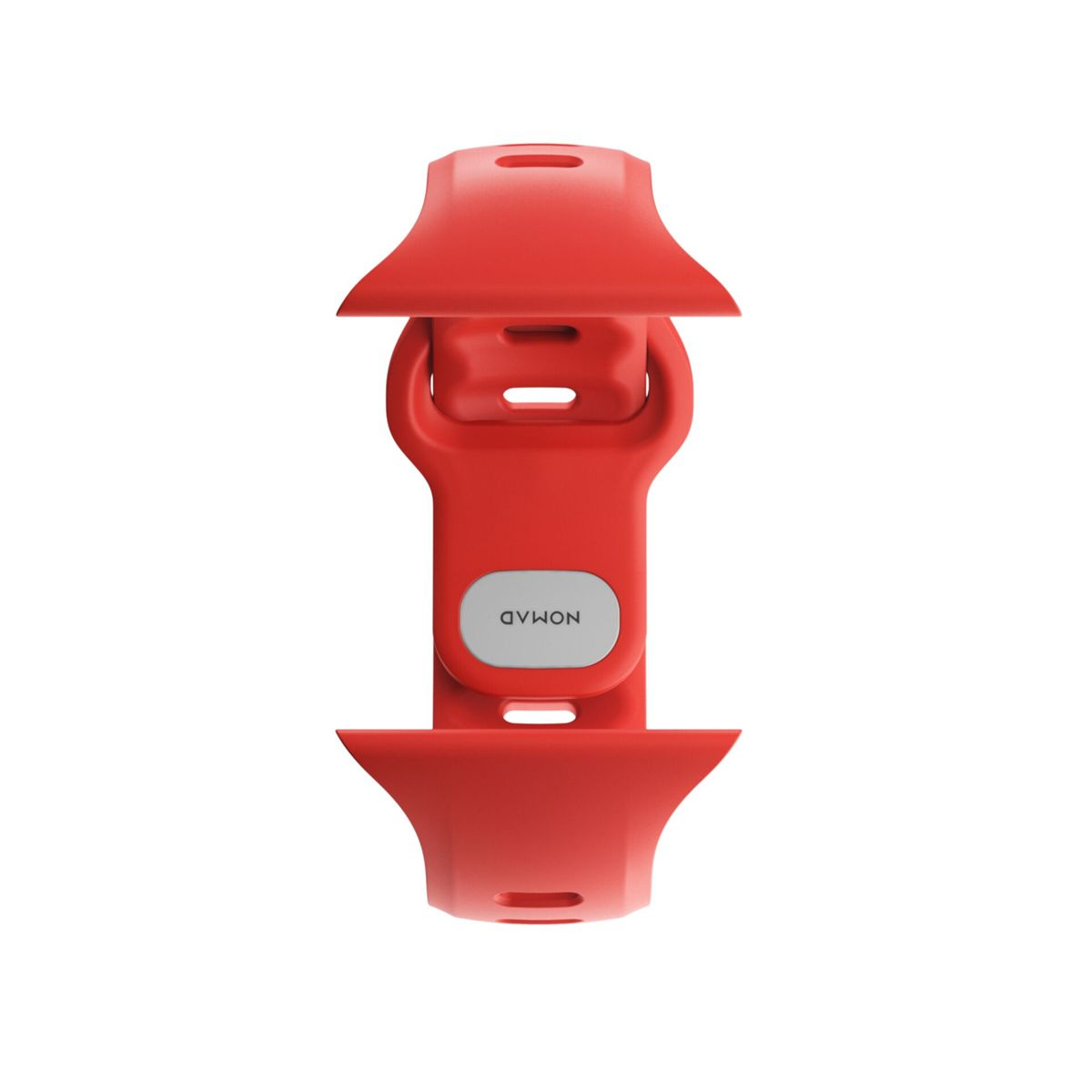 Una correa de reloj Nomad roja con logo plateado se muestra sobre fondo blanco.