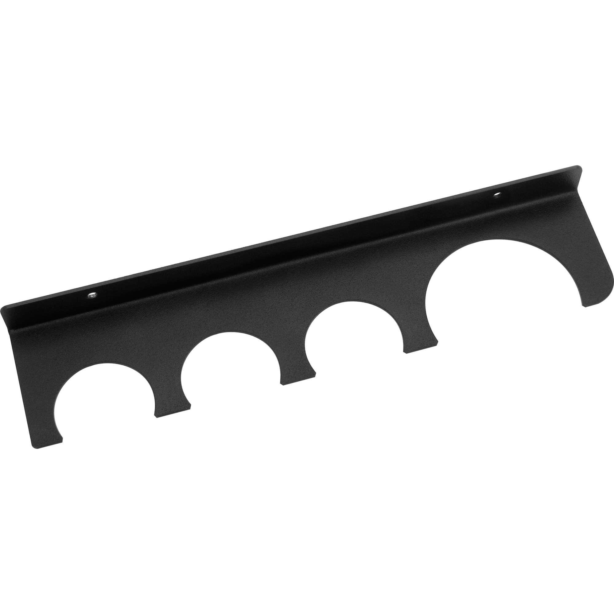 Ein schwarzer Metallhalter mit vier halbrunden Aussparungen und Befestigungslöchern.